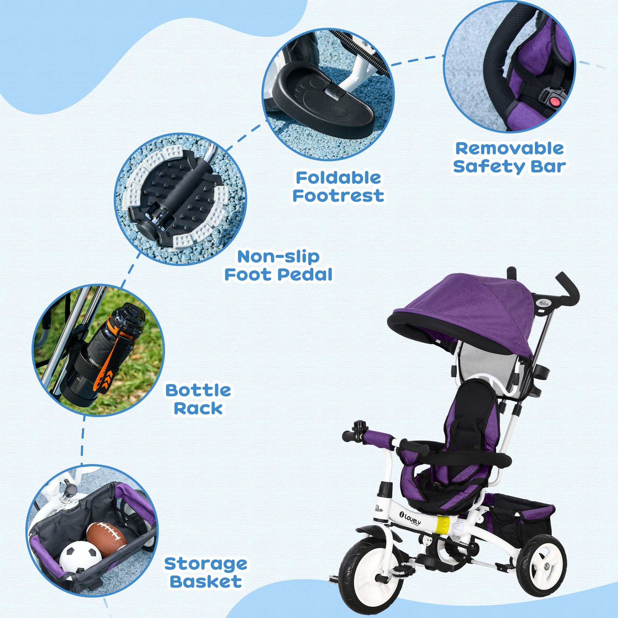 6 in 1 Toddler Tricycle Stroller with Basket, Canopy, 5-point Safety Harness, for 12-60 Months, Purple Tricycles for Kids at Gallery Canada