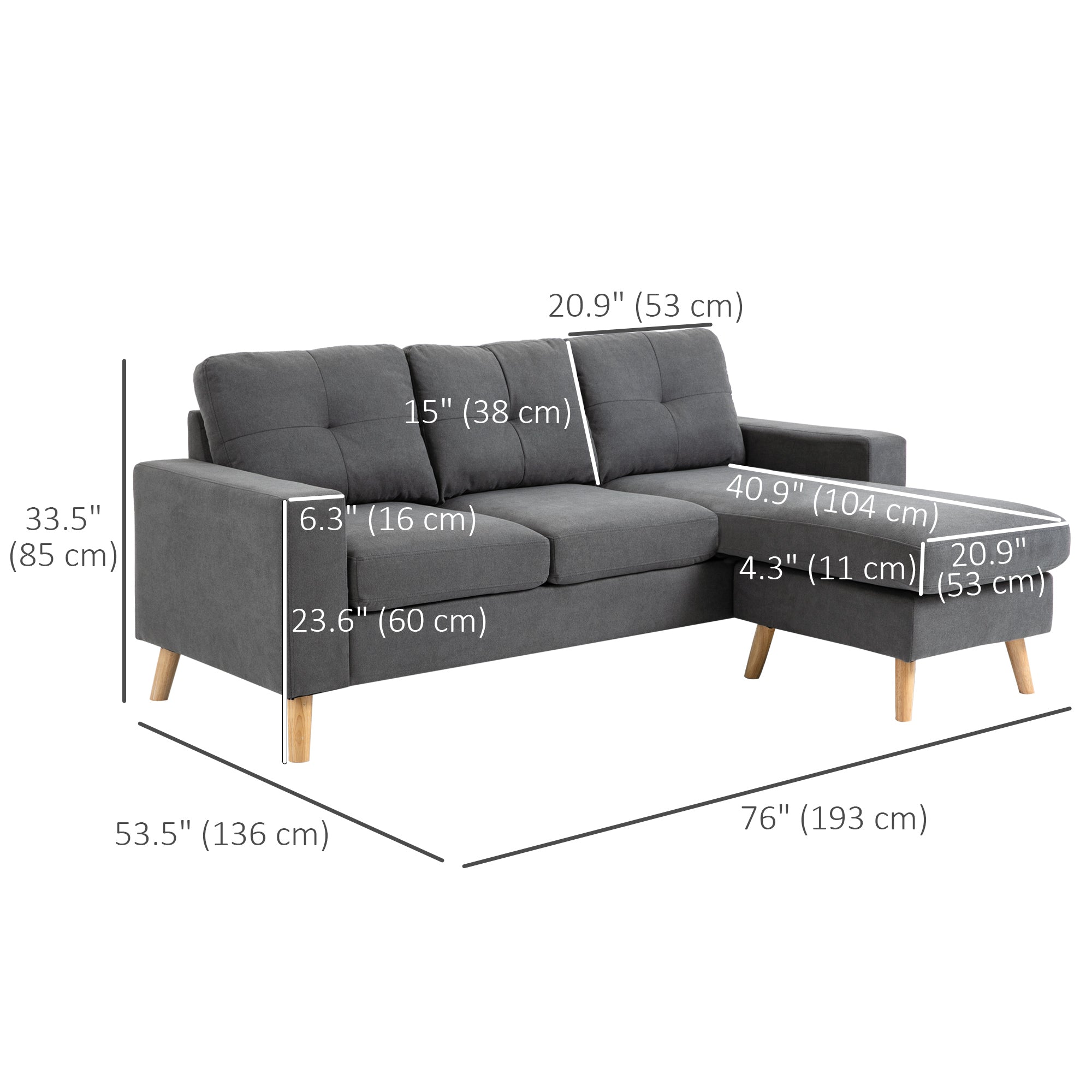 Sectional Sofa Couch, L Shaped Couch with Reversible Chaise, Wooden Legs for Living Room, Bedroom, Dark Grey 3-Seater Sofas at Gallery Canada