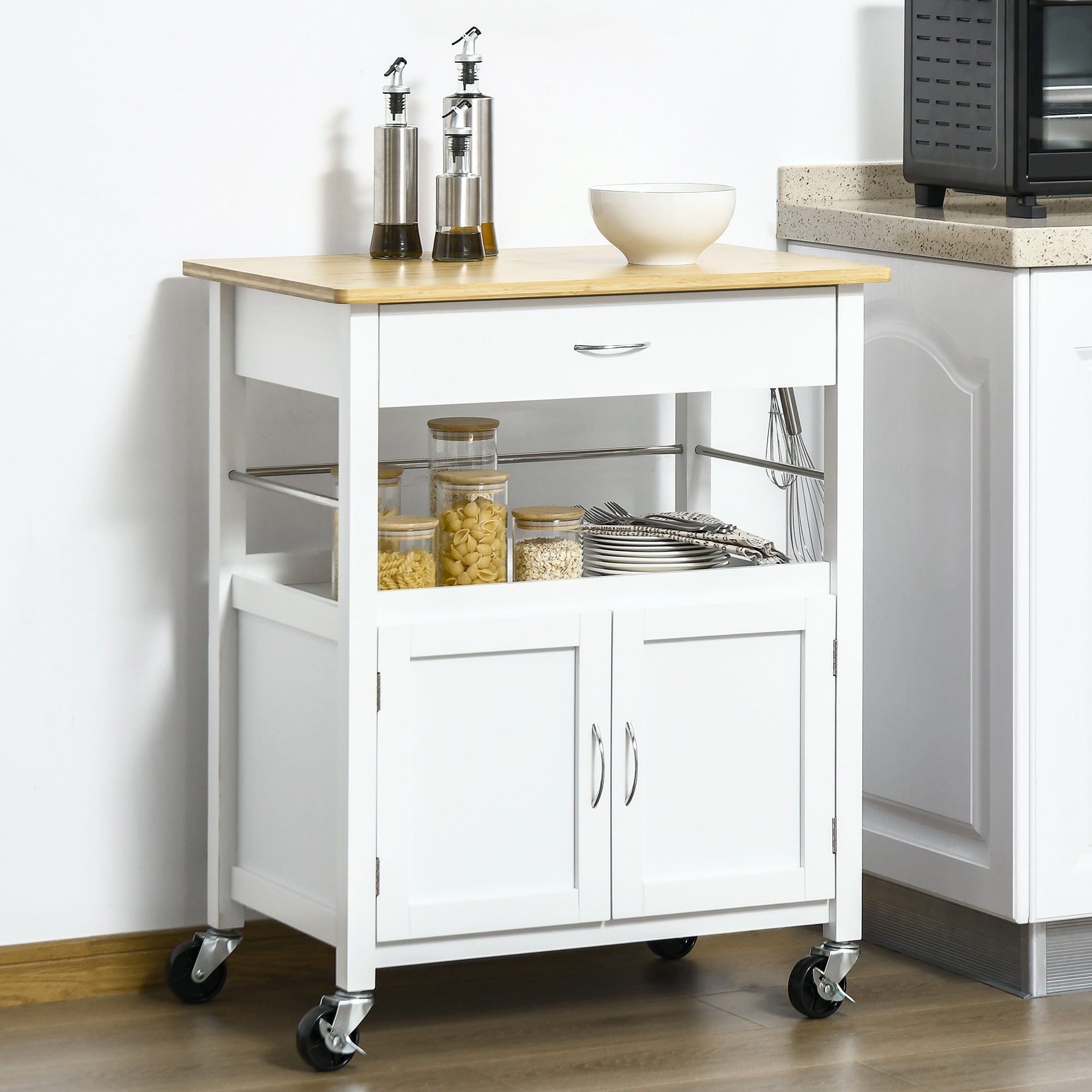 Kitchen Cart, Utility Trolley, Small Kitchen Island with Storage Drawer &; Side Hooks for Dining Room, White Kitchen Islands & Kitchen Carts   at Gallery Canada