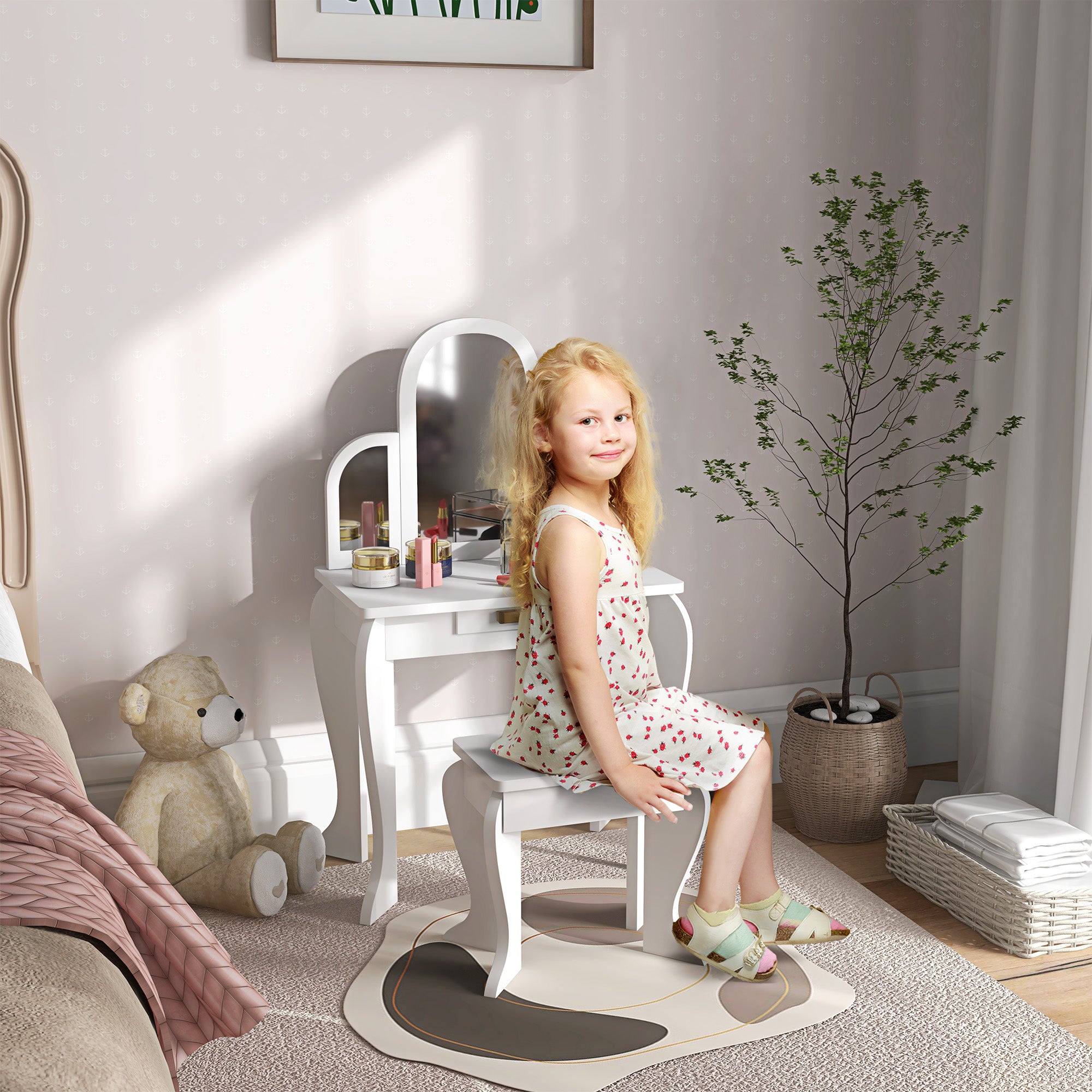 Kids Dressing Table and Chair Set, Girls Dressing Set, Makeup Desk with Drawer for 3-6 Years Old Kids, White Toy Vanity at Gallery Canada