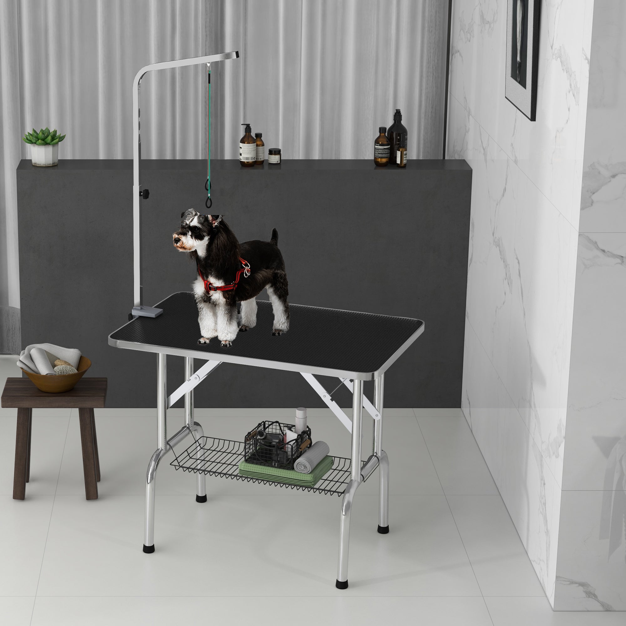 Foldable Grooming Table for Dogs with Height Adjustable Grooming Arm, Storage Shelf, Black Dog Grooming Tables at Gallery Canada