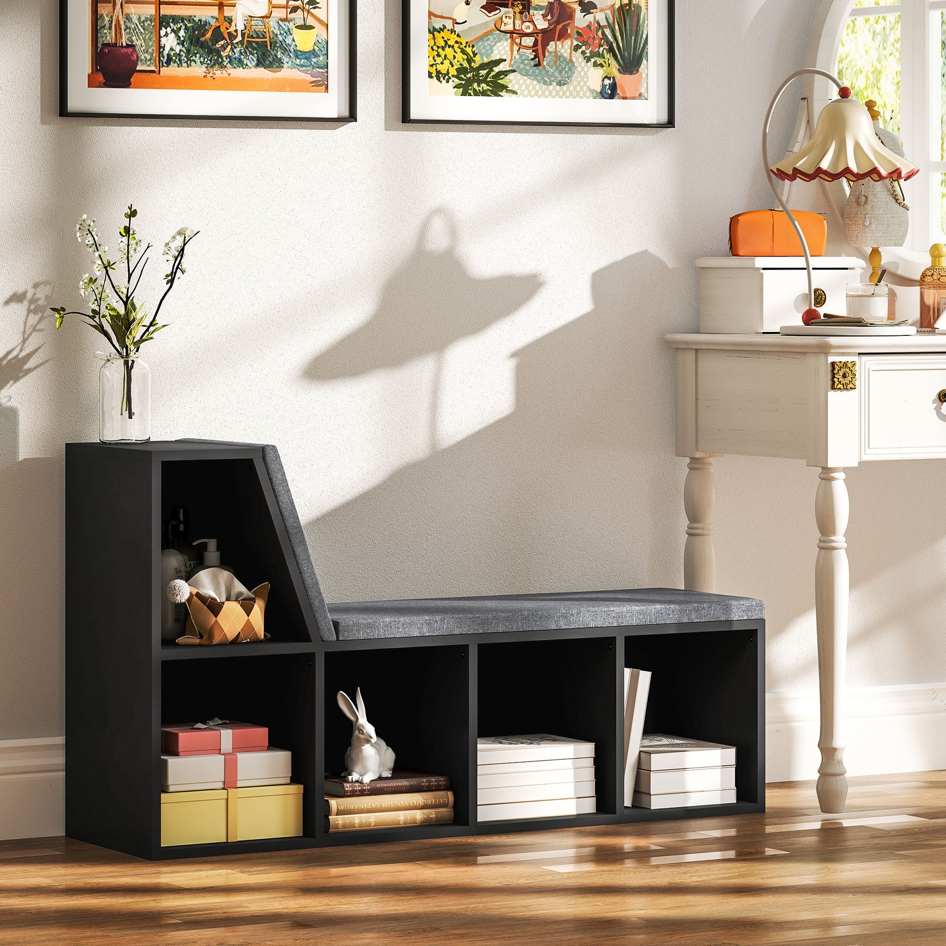 Multi-Purpose Bookshelf with 5 Cubes, 5-Cubby Bookcase with Cushioned Reading Nook and Storage Shelves, Distressed Black Bookshelves & Bookcases Multi Colour at Gallery Canada