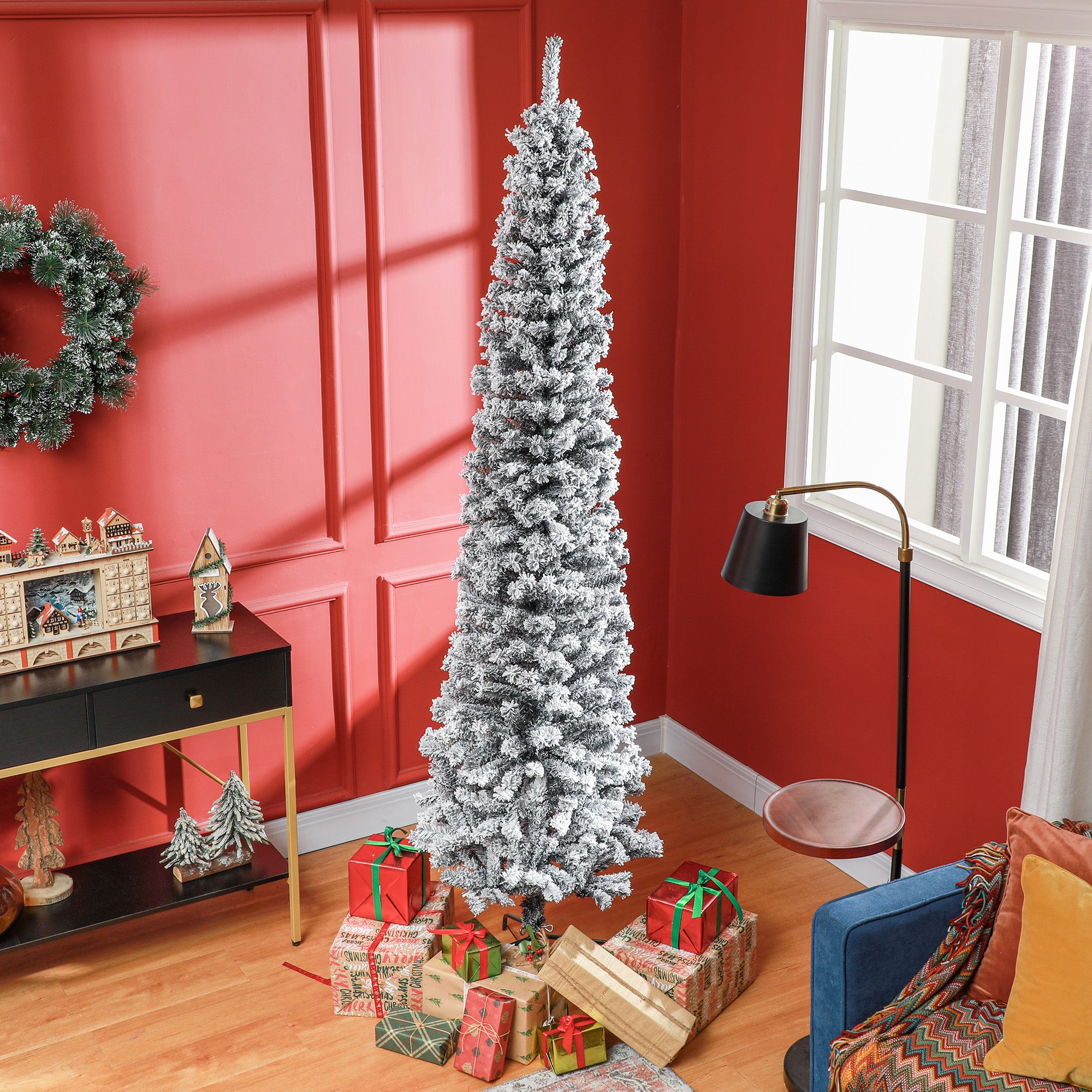 7.5ft Flocked Christmas Tree, Pencil Christmas Tree with Realistic Branch Tips, Folding Metal Stand, Black Flocked Christmas Trees Black  at Gallery Canada