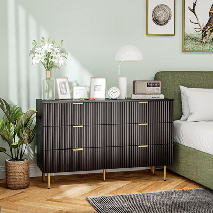 Modern Chest of Drawers 6 Drawer Dresser for Bedroom with Gold Legs and Handles, Black Storage Cabinets at Gallery Canada