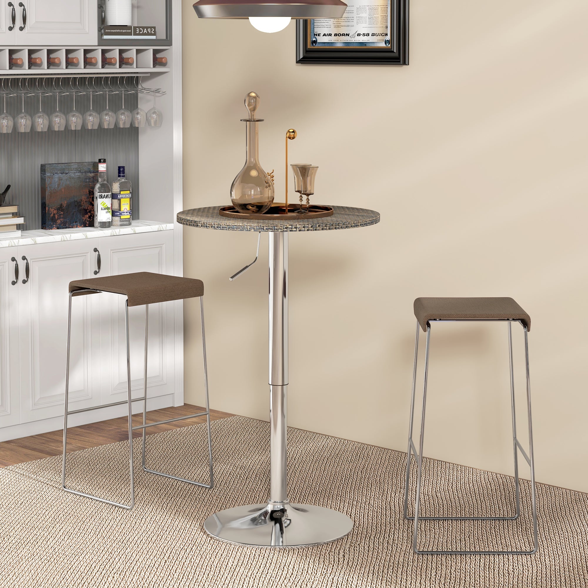 Adjustable Bar Table for 2, Round Pub Table with PE Rattan Top and Steel Base for Home Bar, Small Dining Room, Brown Bar Tables at Gallery Canada