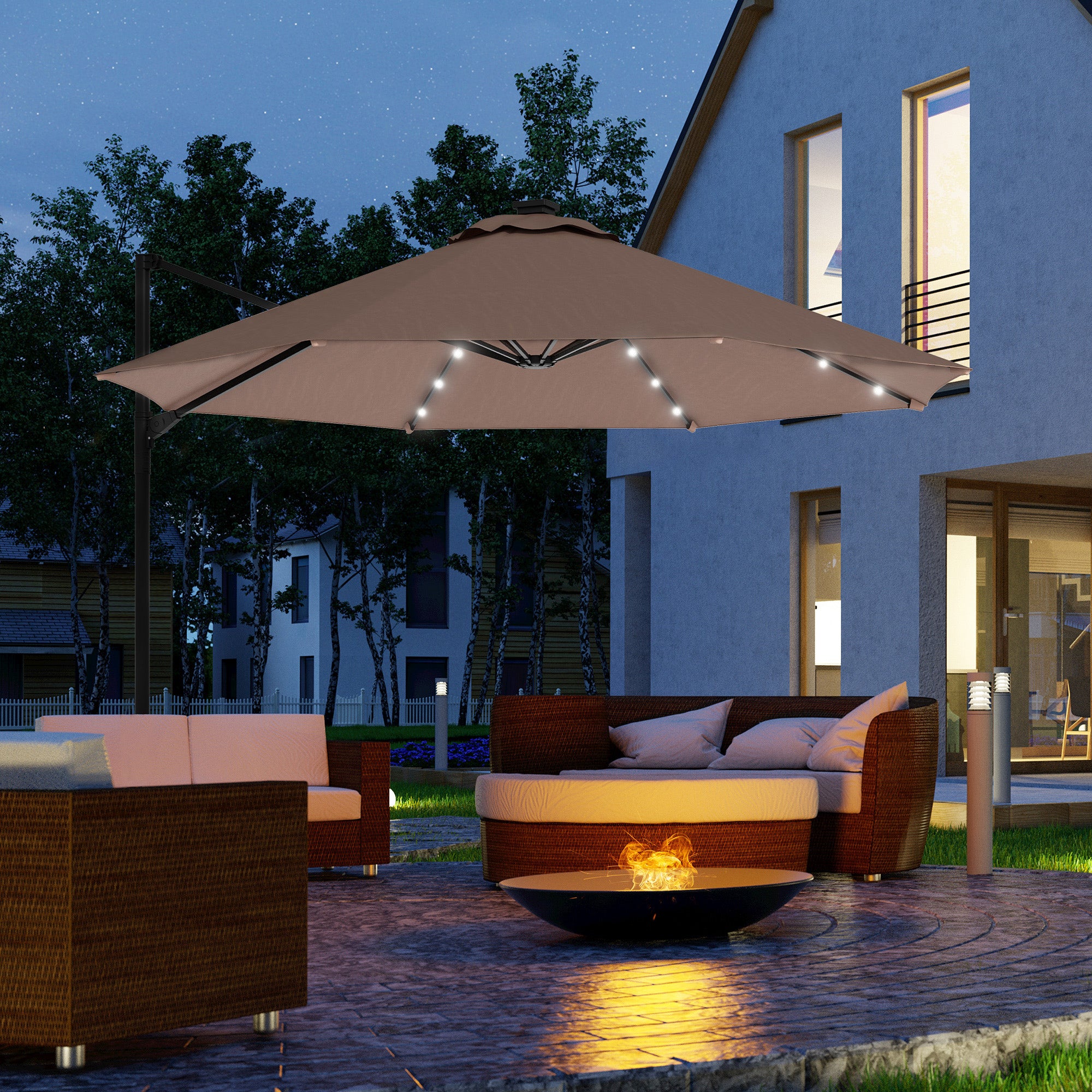 9.5'x8.5' Cantilever Umbrella with Solar Powered LED Lights, Rectangle Hanging Offset Umbrella with 360°Rotation Cantilever Umbrellas at Gallery Canada