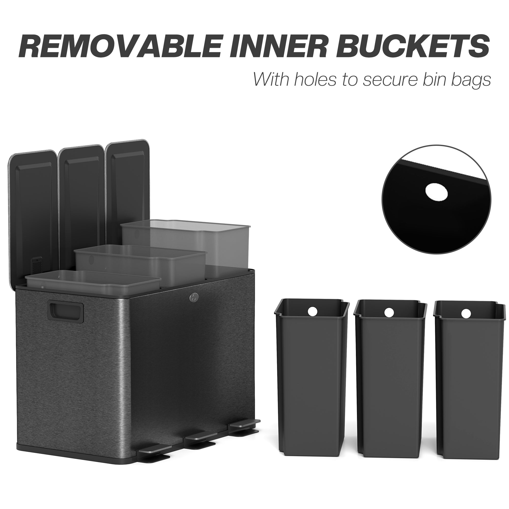 Triple Garbage Bin, Soft-Close Trash Can with Foot Pedal, 3 x 20 Liter Garbage Can with Removable Inner Buckets, Black Household Supplies at Gallery Canada