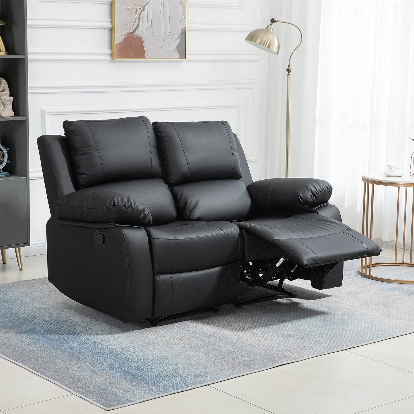 Double Reclining Loveseat, PU Leather Manual Recliner Chair with Pullback Control Footrest for Living Room, Black 2-Seater Sofas   at Gallery Canada