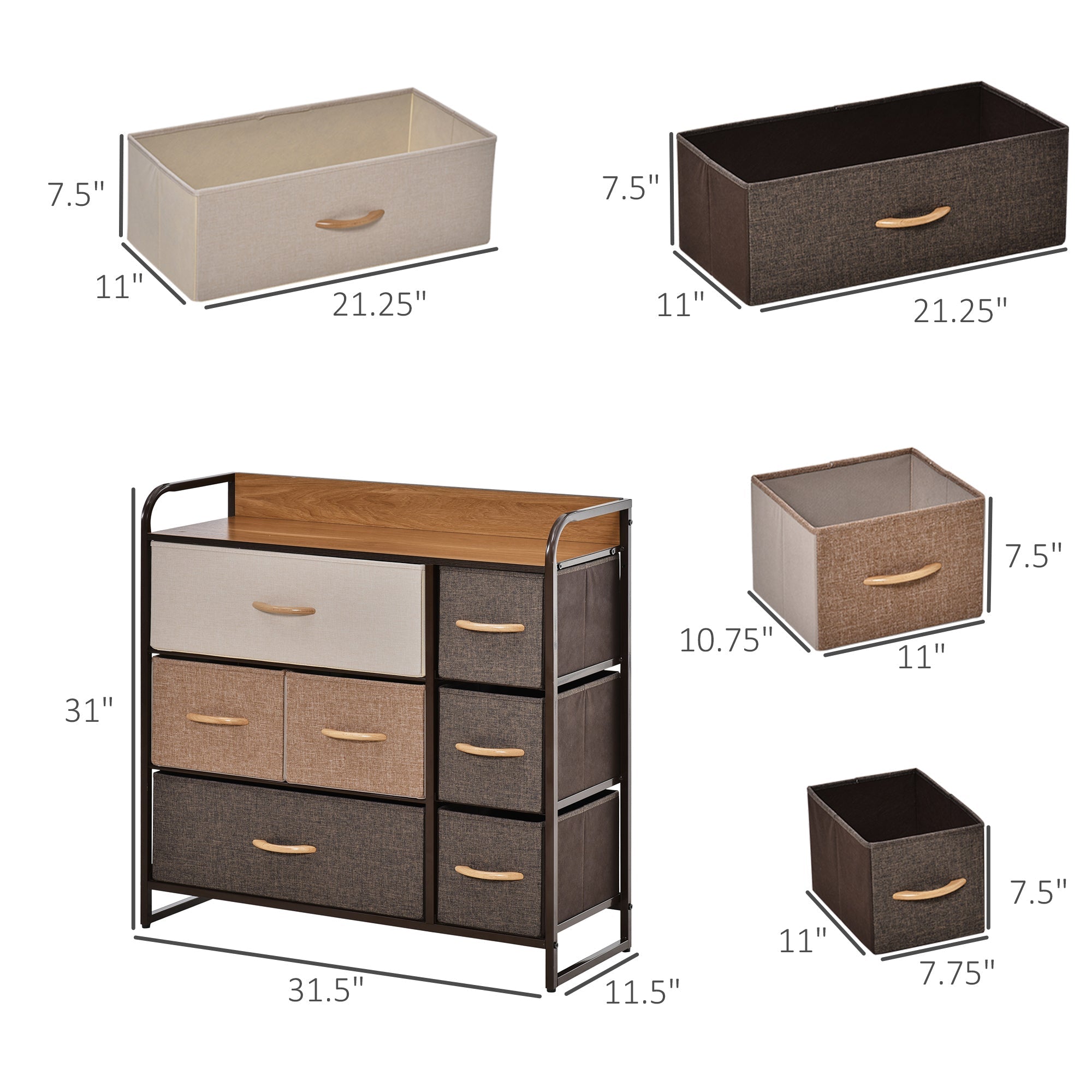 7-Bin Dresser, Fabric Chest of Bins, 3-Tier Storage Organizer for Living Room Entryway, Tower Unit with Steel Frame Wooden Top Storage Cabinets   at Gallery Canada