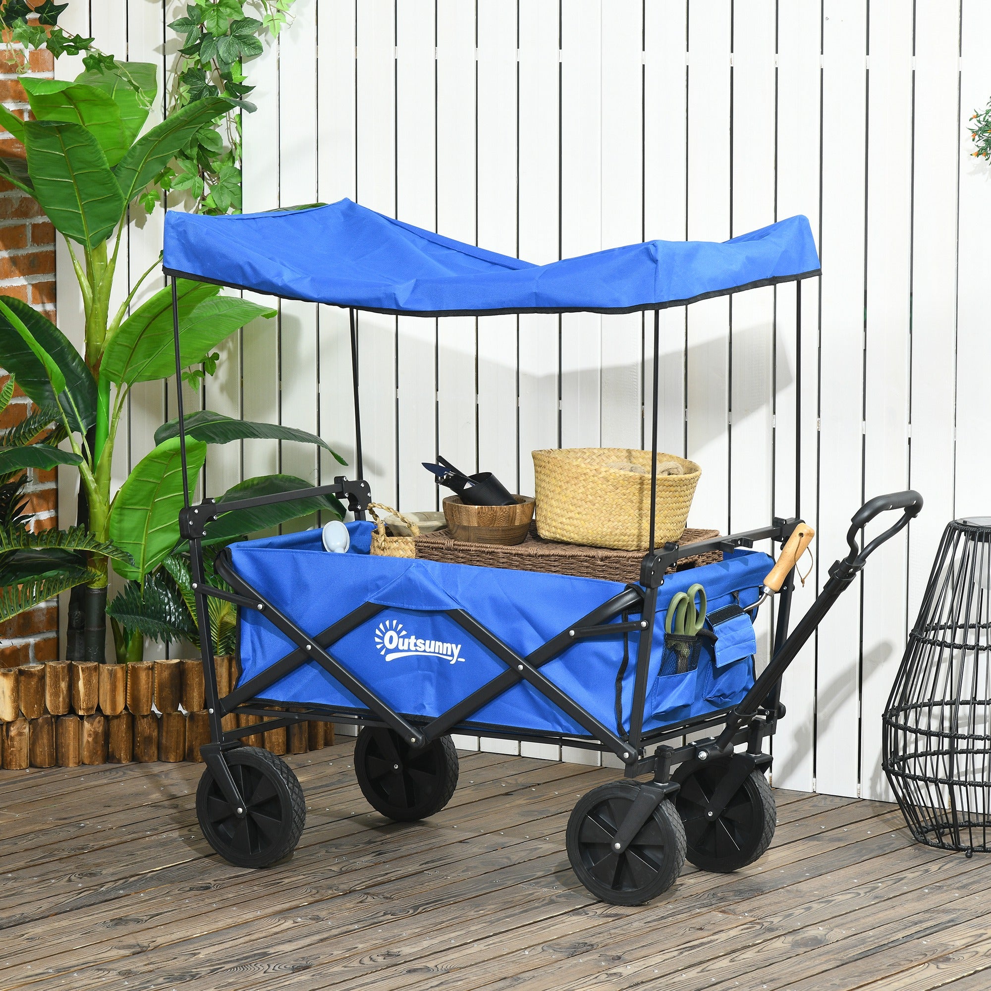 Steel Frame Folding Garden Cart, Collapsible Wagon Cart with Removable Canopy, Telescopic Handle and Carrying Bag, Dark Blue Folding Garden Carts Dark Blue at Gallery Canada