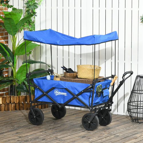 Steel Frame Folding Garden Cart, Collapsible Wagon Cart with Removable Canopy, Telescopic Handle and Carrying Bag, Dark Blue