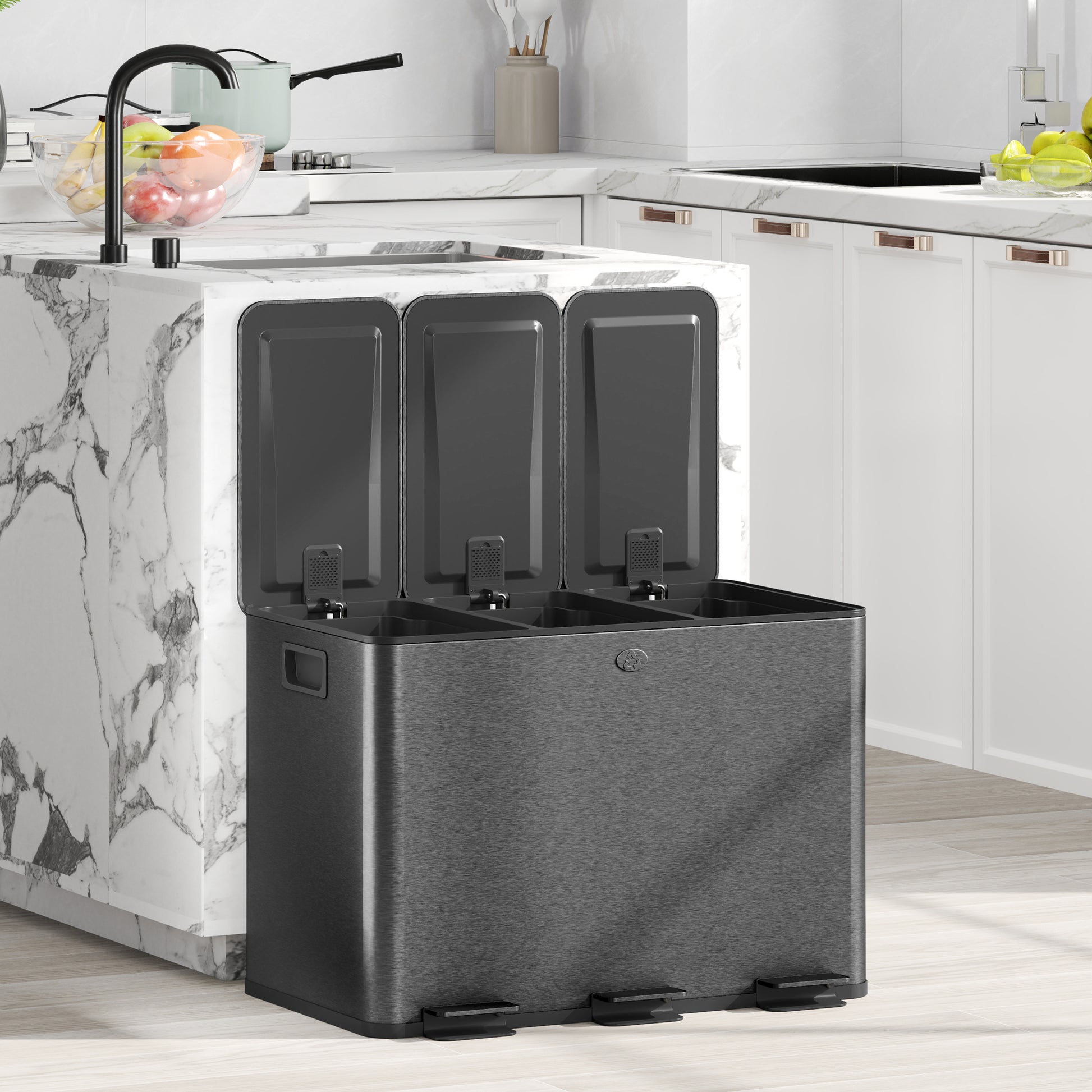 Triple Garbage Bin, Soft-Close Trash Can with Foot Pedal, 3 x 20 Liter Garbage Can with Removable Inner Buckets, Black Household Supplies at Gallery Canada