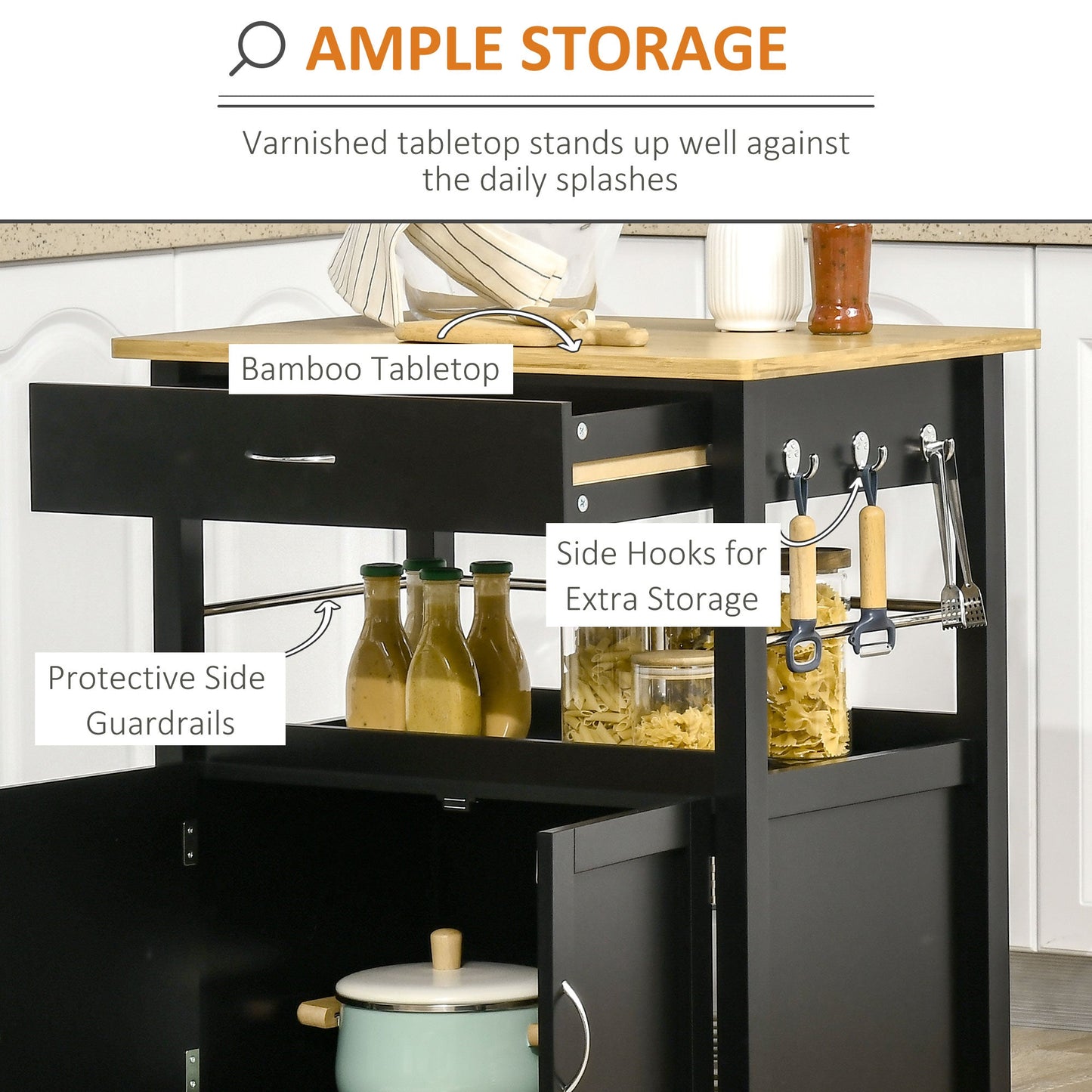 Kitchen Cart, Utility Trolley, Small Kitchen Island with Storage Drawer &; Side Hooks for Dining Room, Black - Gallery Canada