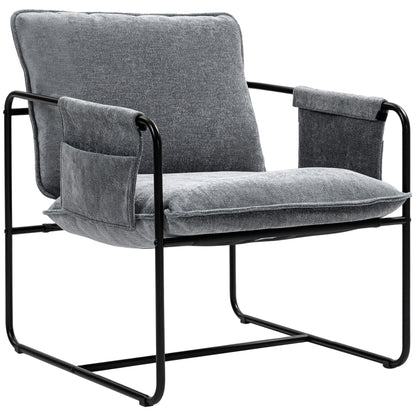 Modern Accent Chair, Upholstered Armchair with Side Pockets and Steel Frame, Comfy Reading Chair for Bedroom, Grey Accent Chairs at Gallery Canada