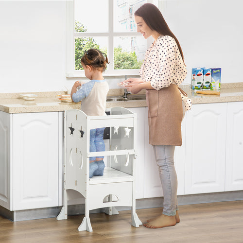 Kids Kitchen Helper Foldable Step Stool Toddler Kitchen Stool with Blackboard Lockable Handrail for 3-6 Years old White