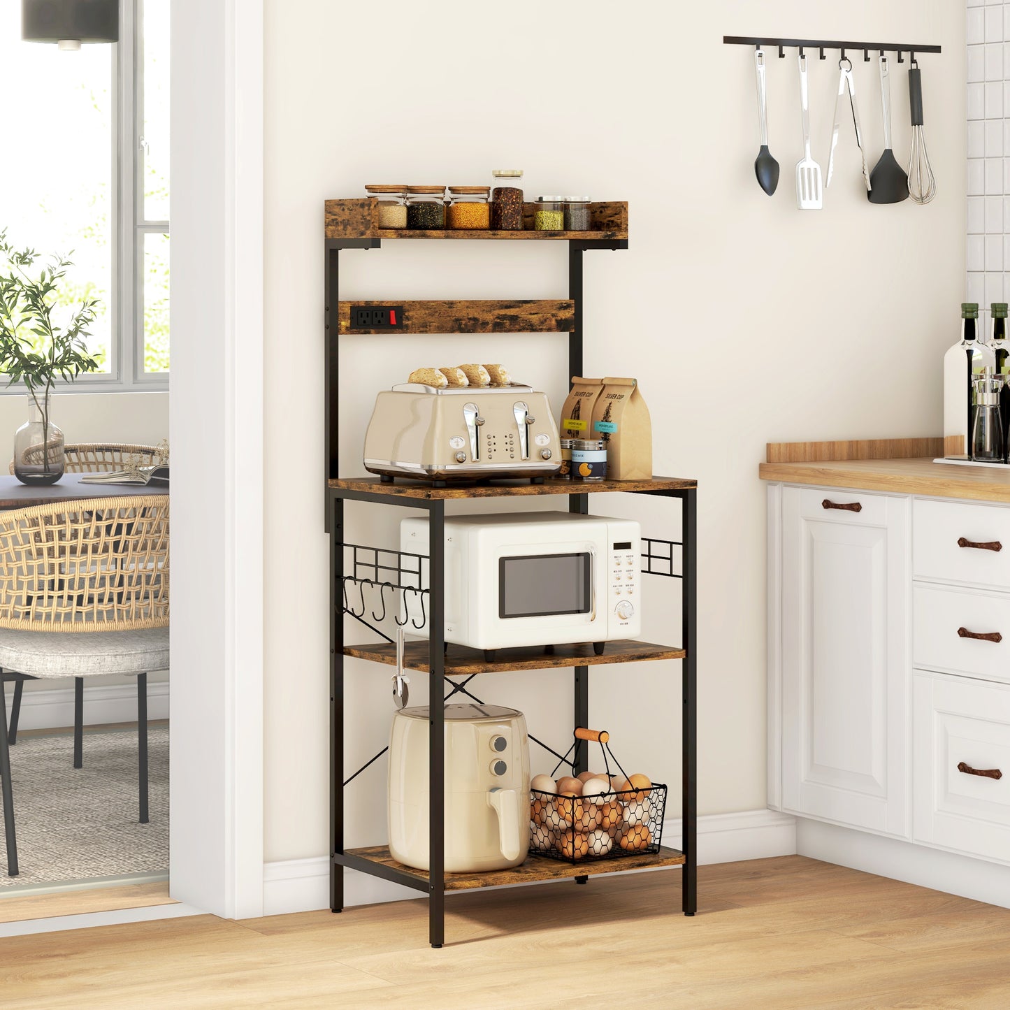 Kitchen Baker's Rack with Power Outlet, Coffee Bar Station with Adjustable Shelves and Hooks, Rustic Brown Bar Cabinets Multi Colour  at Gallery Canada