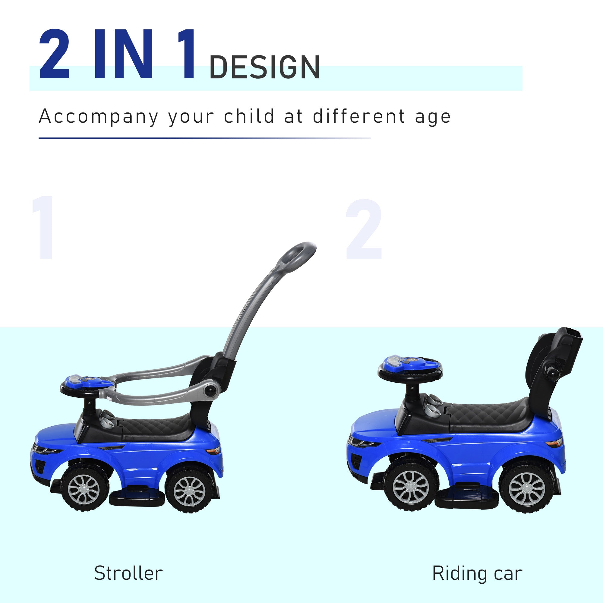 2 In 1 Kid Ride on Push Car Stroller Sliding Ride on Car with Horn Music Light Function Secure Bar Ride on Toy for Boy Girl Toddlers 1-3 Years Old Blue Push Cars for Toddlers at Gallery Canada