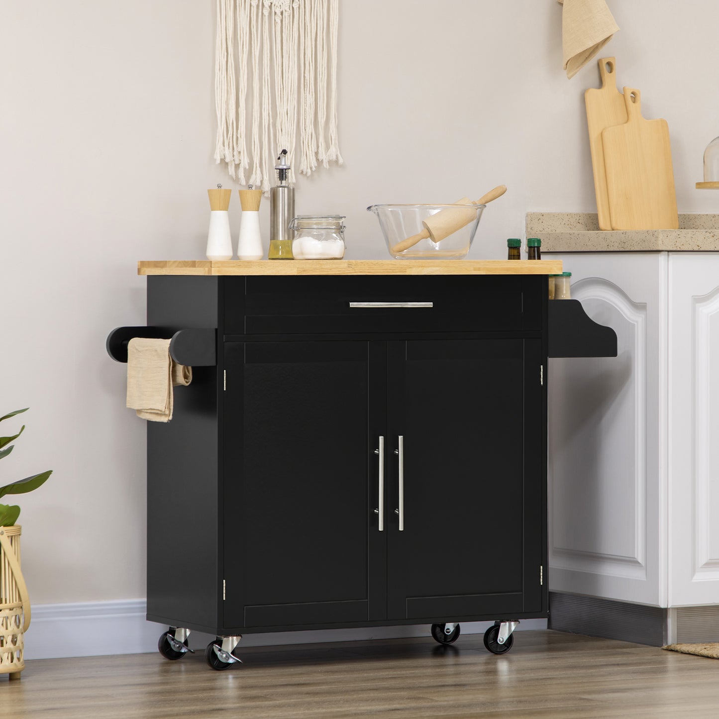 Kitchen Island with Storage, Rolling Cart Trolley with Rubberwood Top, Adjustable Shelf, Drawer, Spice Rack, Black Kitchen Islands & Kitchen Carts   at Gallery Canada