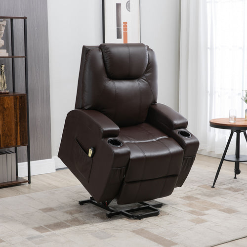 Power Lift Chair for Elderly, PU Leather Recliner Sofa Chair with Footrest, Remote Control, Side Pockets and Cup Holders, Brown