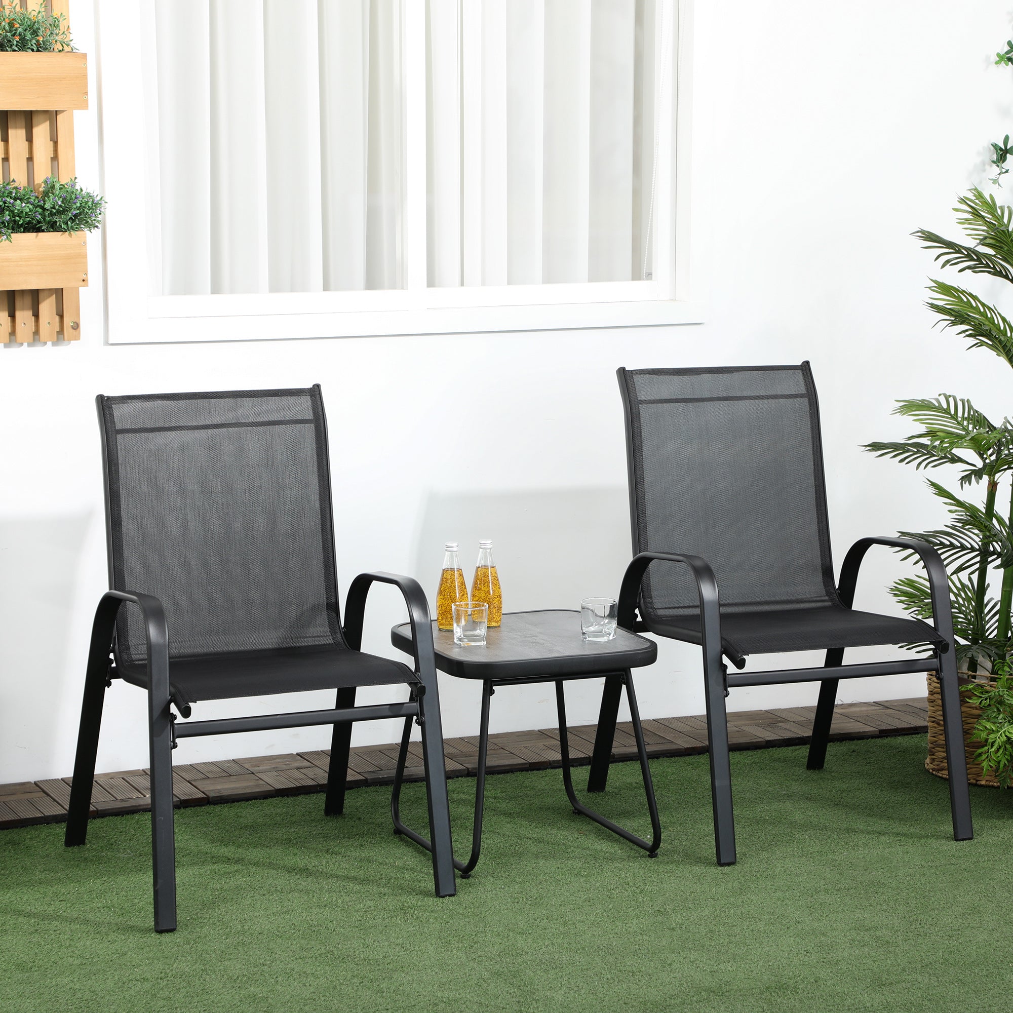 Outdoor Bistro Set of 3, 3 Piece Patio Set with Breathable Mesh Fabric, Stackable Chairs and Square Table, Black Bistro Sets   at Gallery Canada