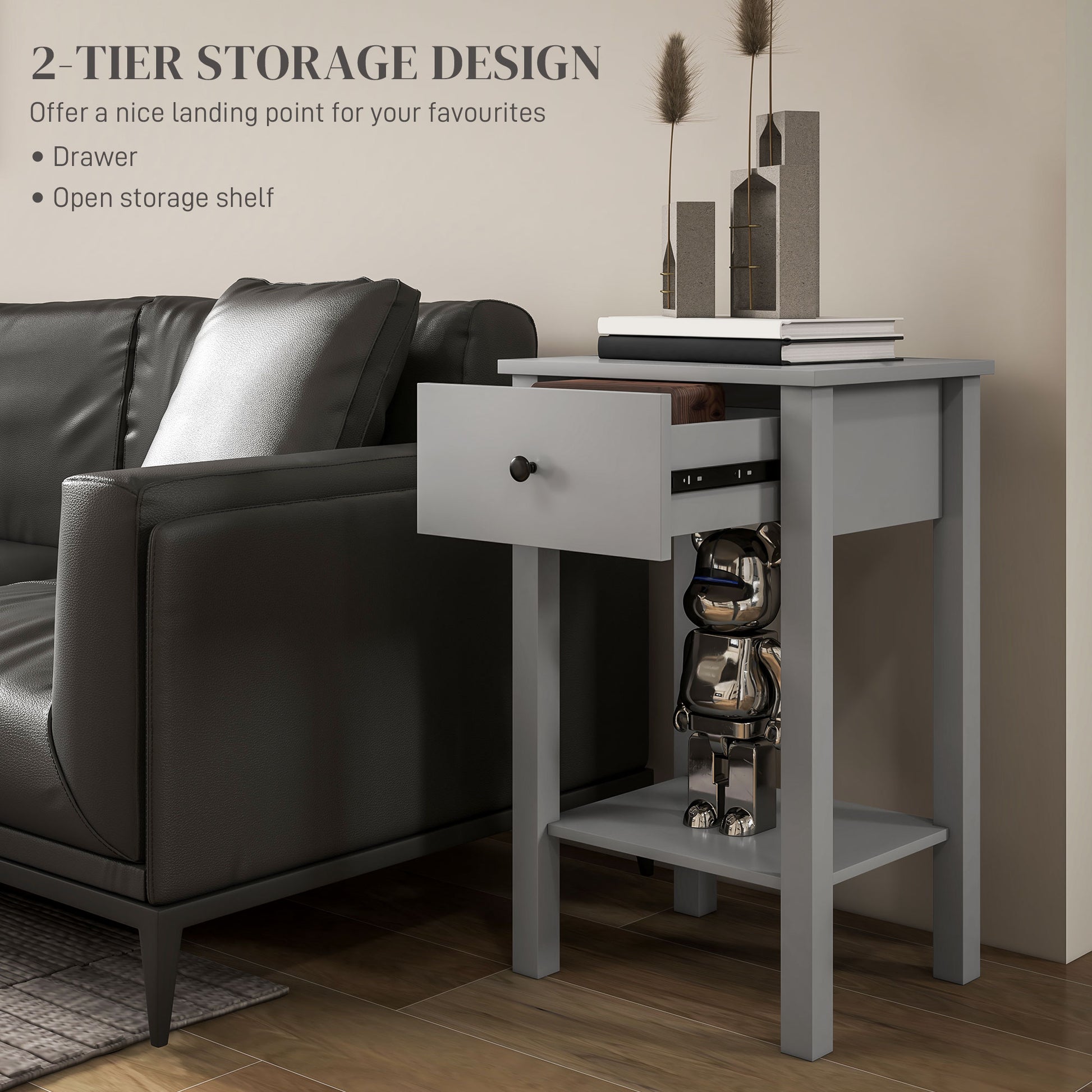 End Tables Set of 2, Side Tables with Drawer and Bottom Shelf, 2-tier Nightstand for Bedroom, Living Room, Grey Side Tables   at Gallery Canada