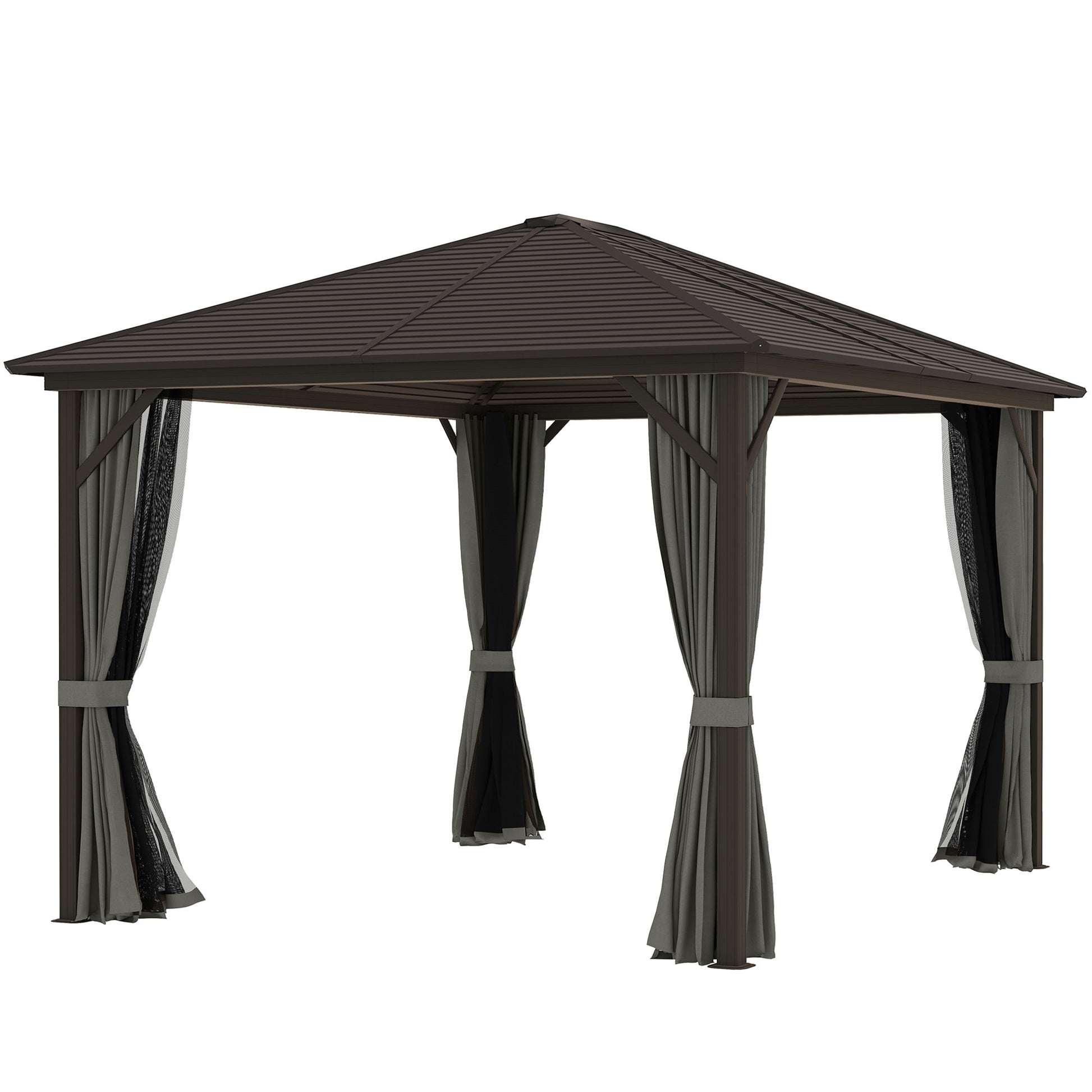 10' x 12' Deluxe Hardtop Gazebo with Metal Roof, Aluminum Frame Patio Gazebo Garden Sun Shelter Outdoor Pavilion with Curtains and Netting, Grey Gazebos at Gallery Canada