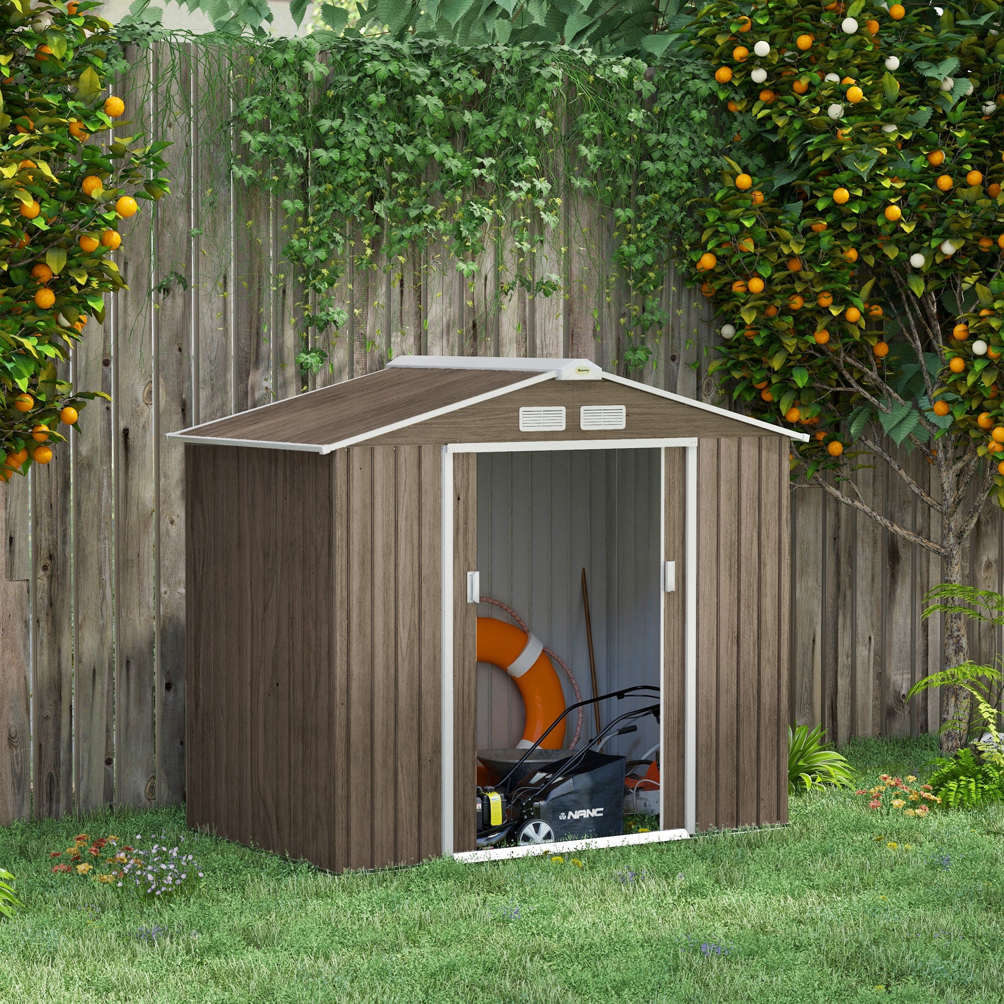 7' x 4' x 6' Garden Storage Shed Outdoor Patio Metal Tool Storage House w/ Foundation Kit and Double Doors Light Brown Sheds   at Gallery Canada