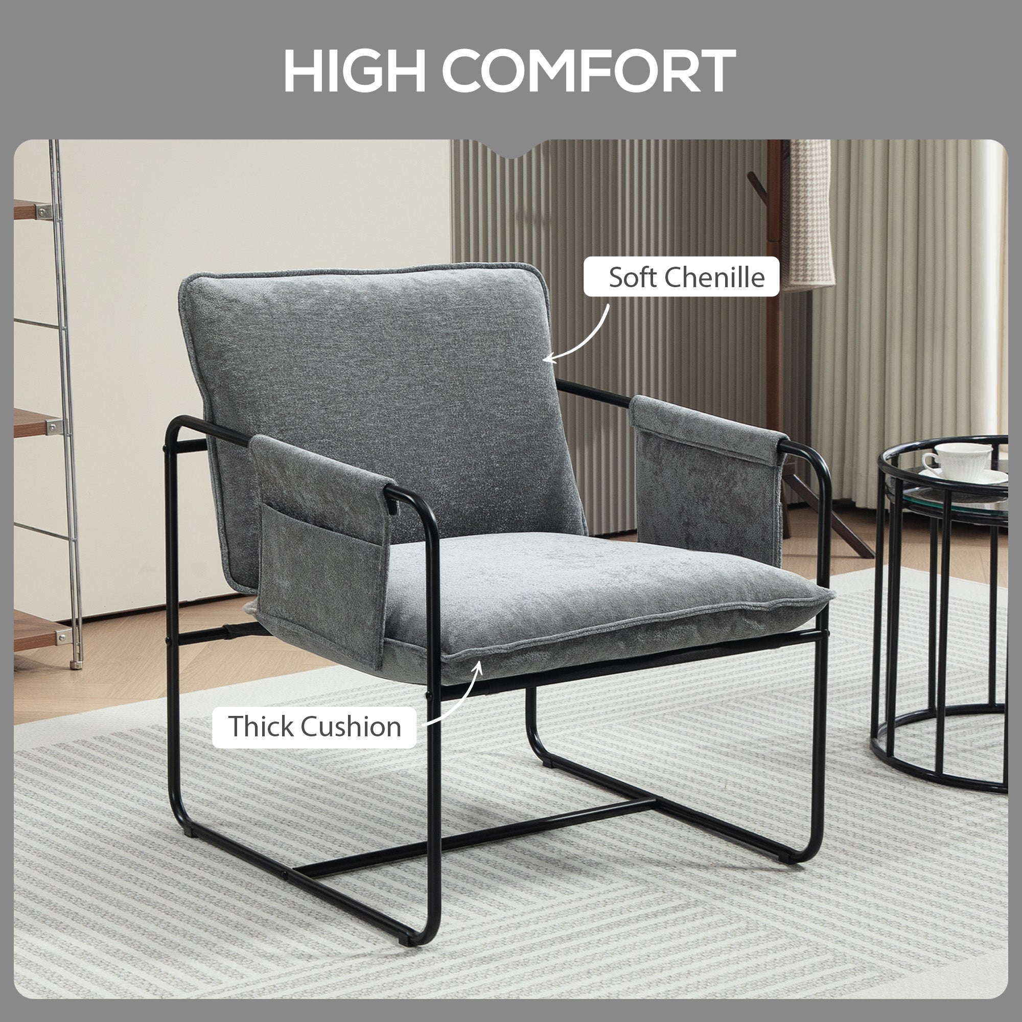 Modern Accent Chair, Upholstered Armchair with Side Pockets and Steel Frame, Comfy Reading Chair for Bedroom, Grey Accent Chairs at Gallery Canada