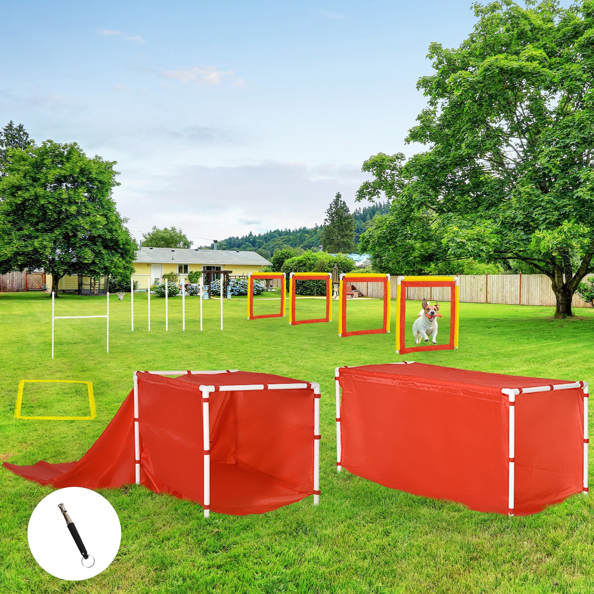 Dog Agility Training Equipment Set with Adjustable Hurdle, Tunnel, Chute, Weave Poles, Pause Box, Panels, Outdoor Obstacle Course Kit with Whistle Dog Agility Training Equipment   at Gallery Canada