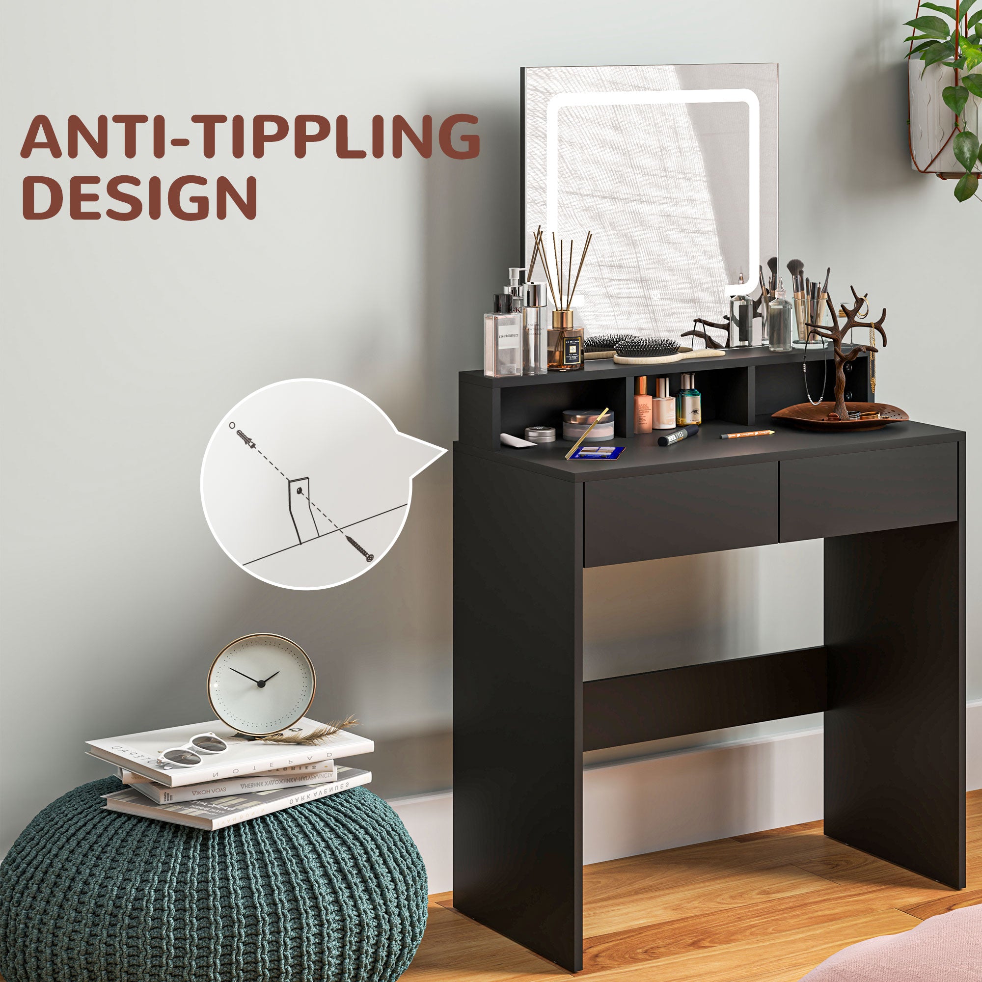 Makeup Vanity Desk with Mirror and LED Lights, for Bedroom, Modern Dressing Table with Drawers, Compartments, Black Dressing & Vanity Tables   at Gallery Canada