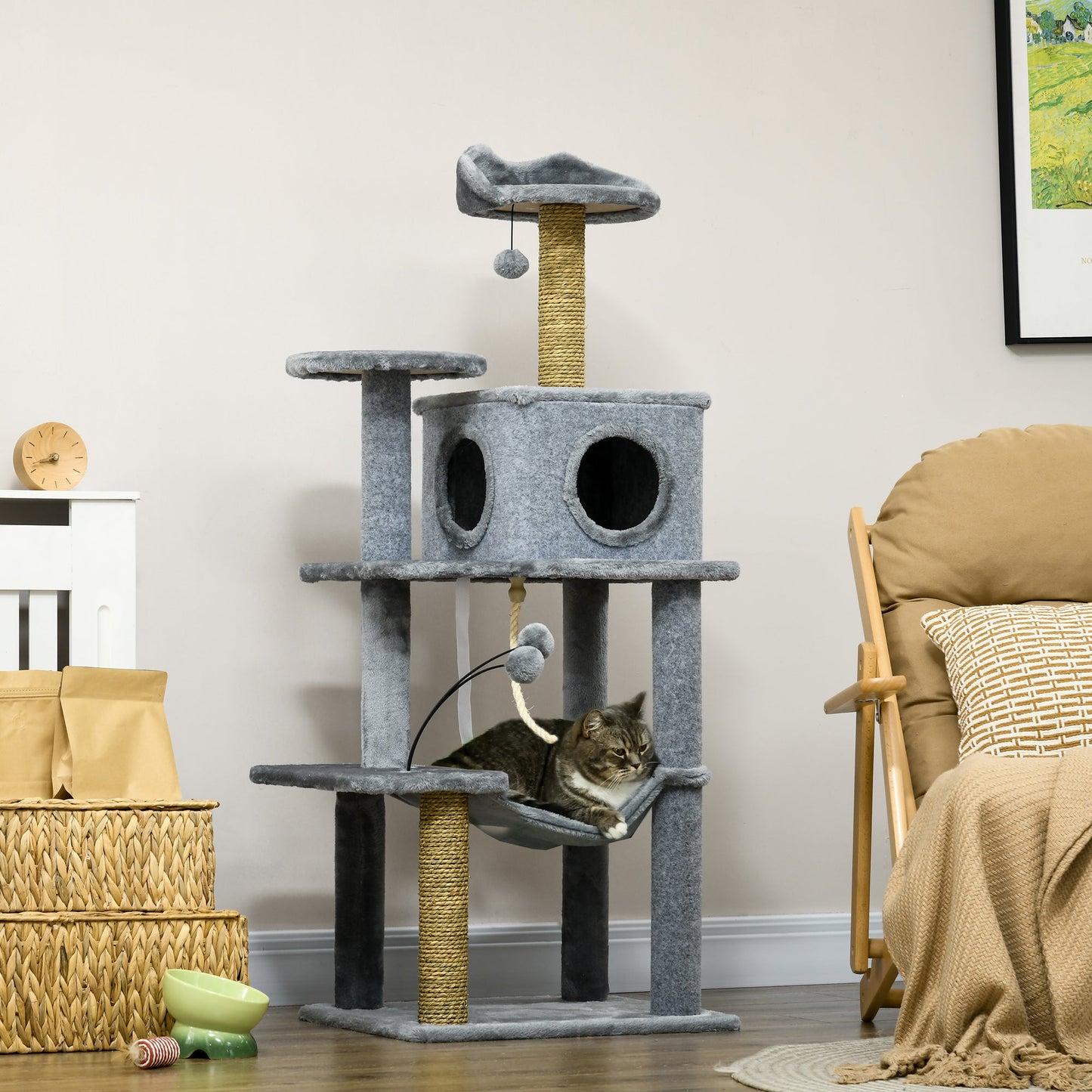 54" Cat Tree for Larger Cats Adult with Hammock, Tal Cat Tree Tower with Scratching Post, Condo, Platforms, Play Balls for Indoor Cats, Grey Cat Towers   at Gallery Canada