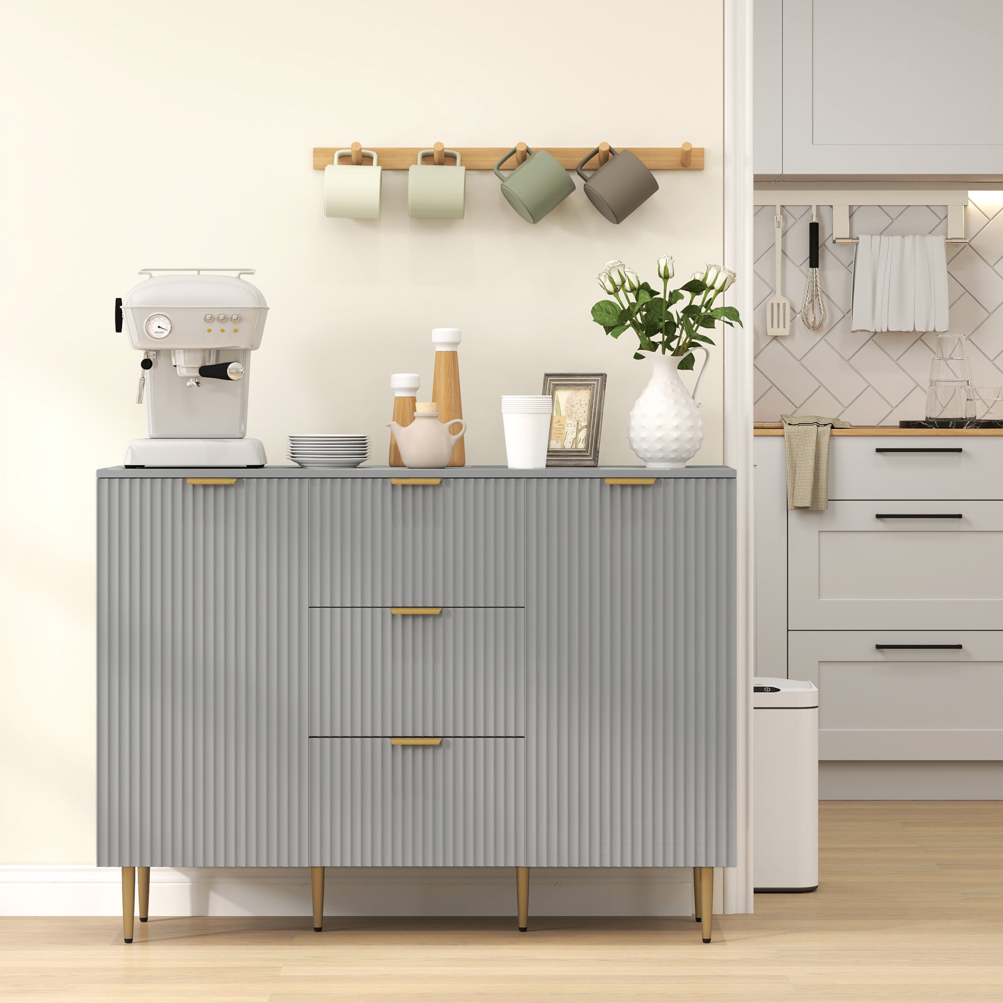 Modern Kitchen Storage Cabinet, Sideboard Buffet Cabinet w/ 3 Drawers and Adjustable Shelves for Kitchen Hallway, Grey Bar Cabinets   at Gallery Canada