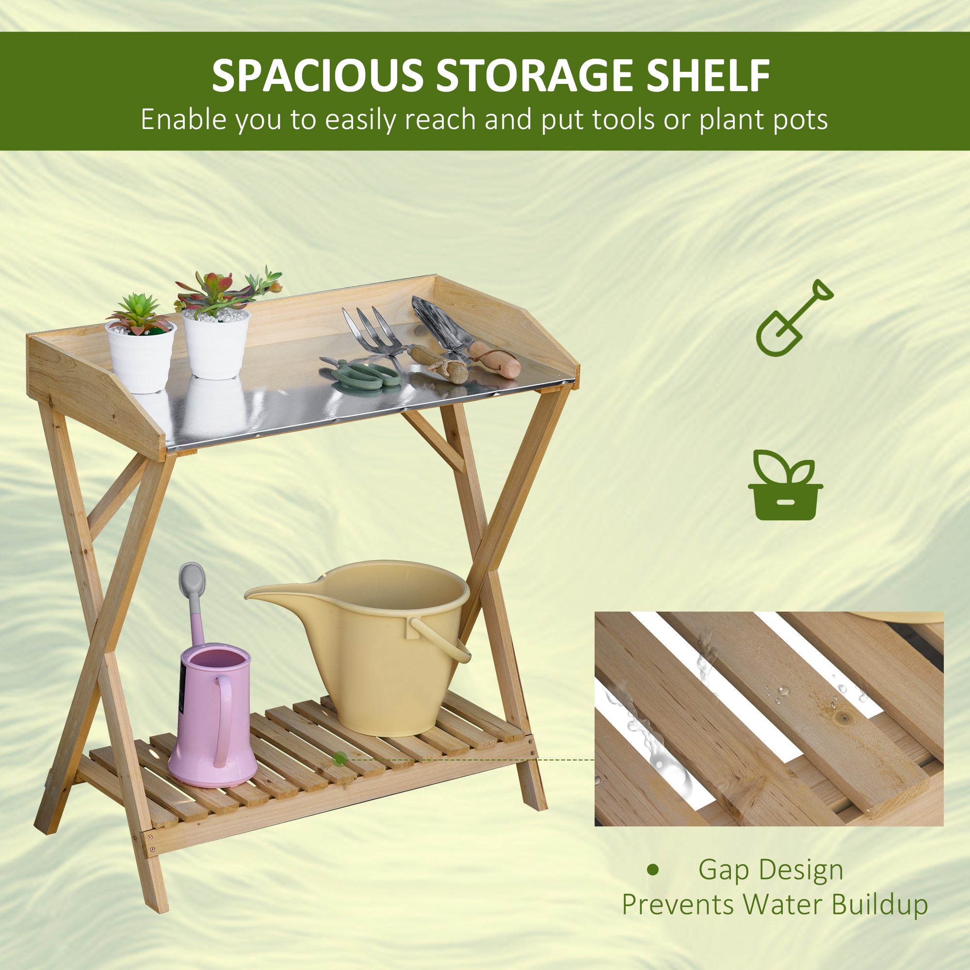 Garden Potting Bench Table, Wooden Work Station, Outdoor Planting Workbench w/ Galvanized Metal Tabletop and Storage Shelf Potting Benches & Tables at Gallery Canada