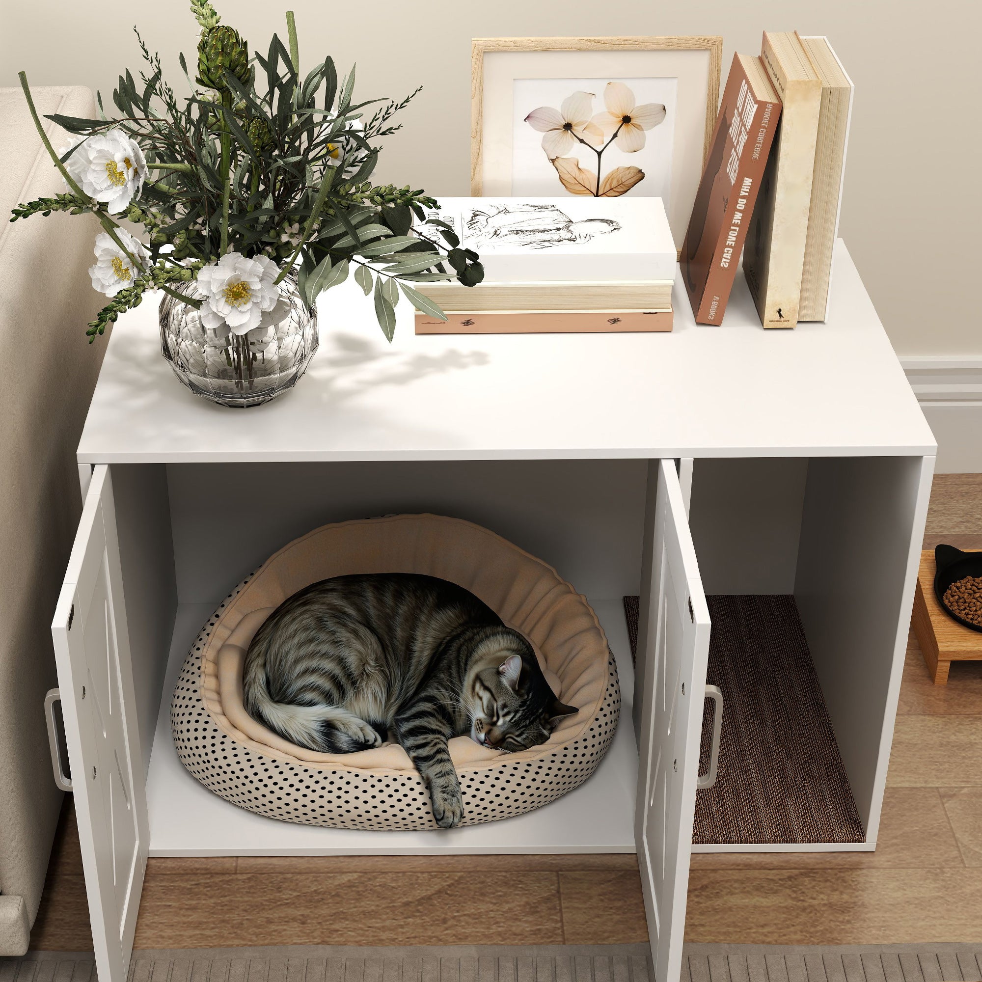 Cat Litter Box Enclosure, Hidden Cat Litter Box Furniture with Scratching Board, 31.5