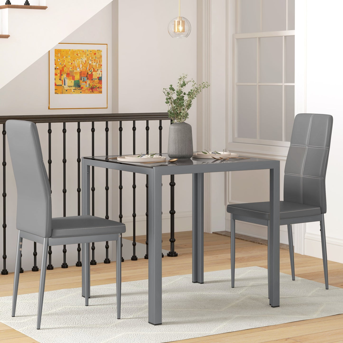 3-Piece Rectangular Glass Kitchen Table and Chairs with Metal Frame and Faux Leather Upholstery for Dining Room, Grey Bar Sets Grey  at Gallery Canada