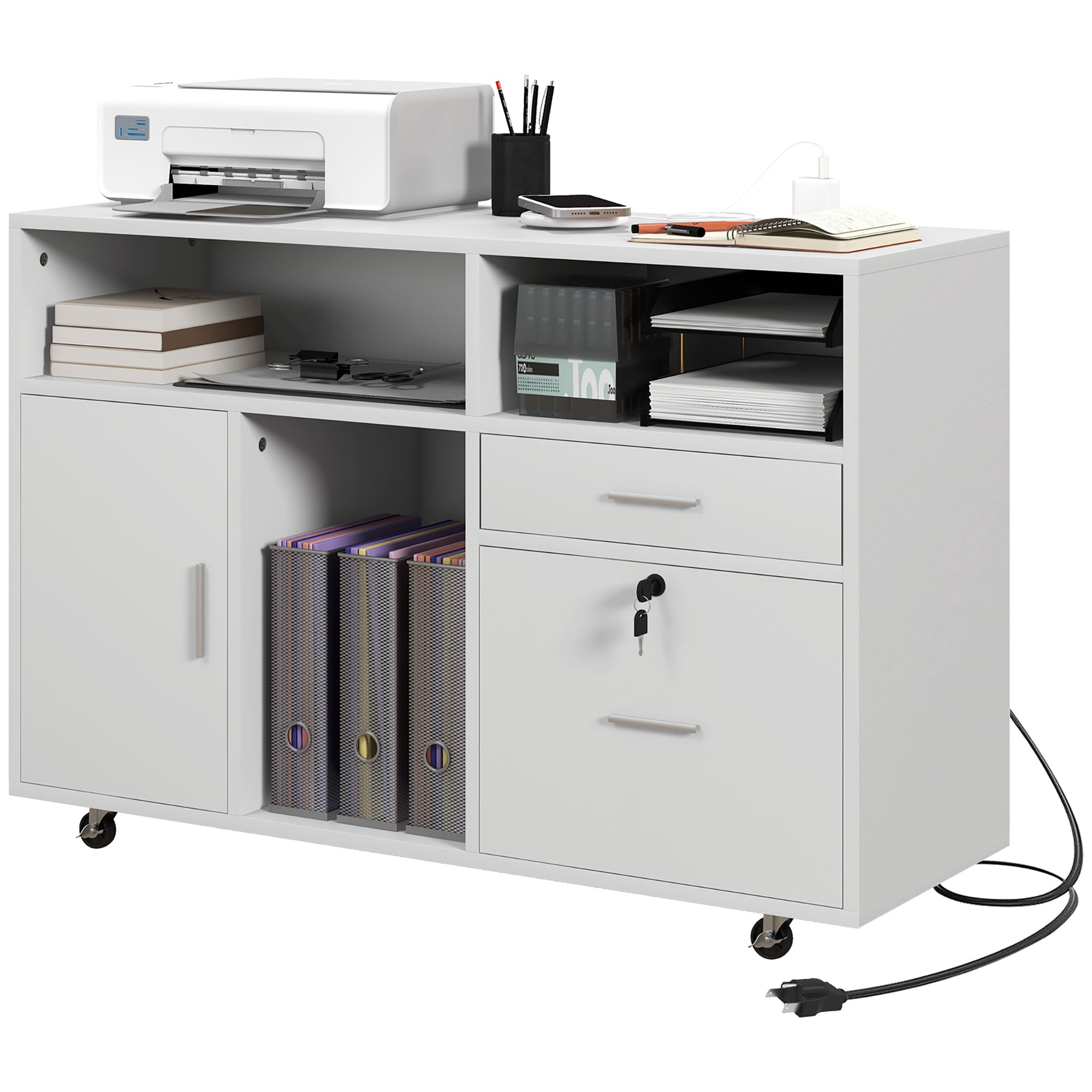 Mobile Printer Stand with Charging Station and USB Ports, Locking Filing Cabinet for A4 and Letter Size, White Office Cabinets & Cupboards   at Gallery Canada