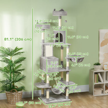 81" Large Cat Tree w/ Scratching Posts, Condos, Beds, Hammocks, Jumping Platforms, Toy Balls, Rope Cat Toy, Light Grey Cat Towers   at Gallery Canada