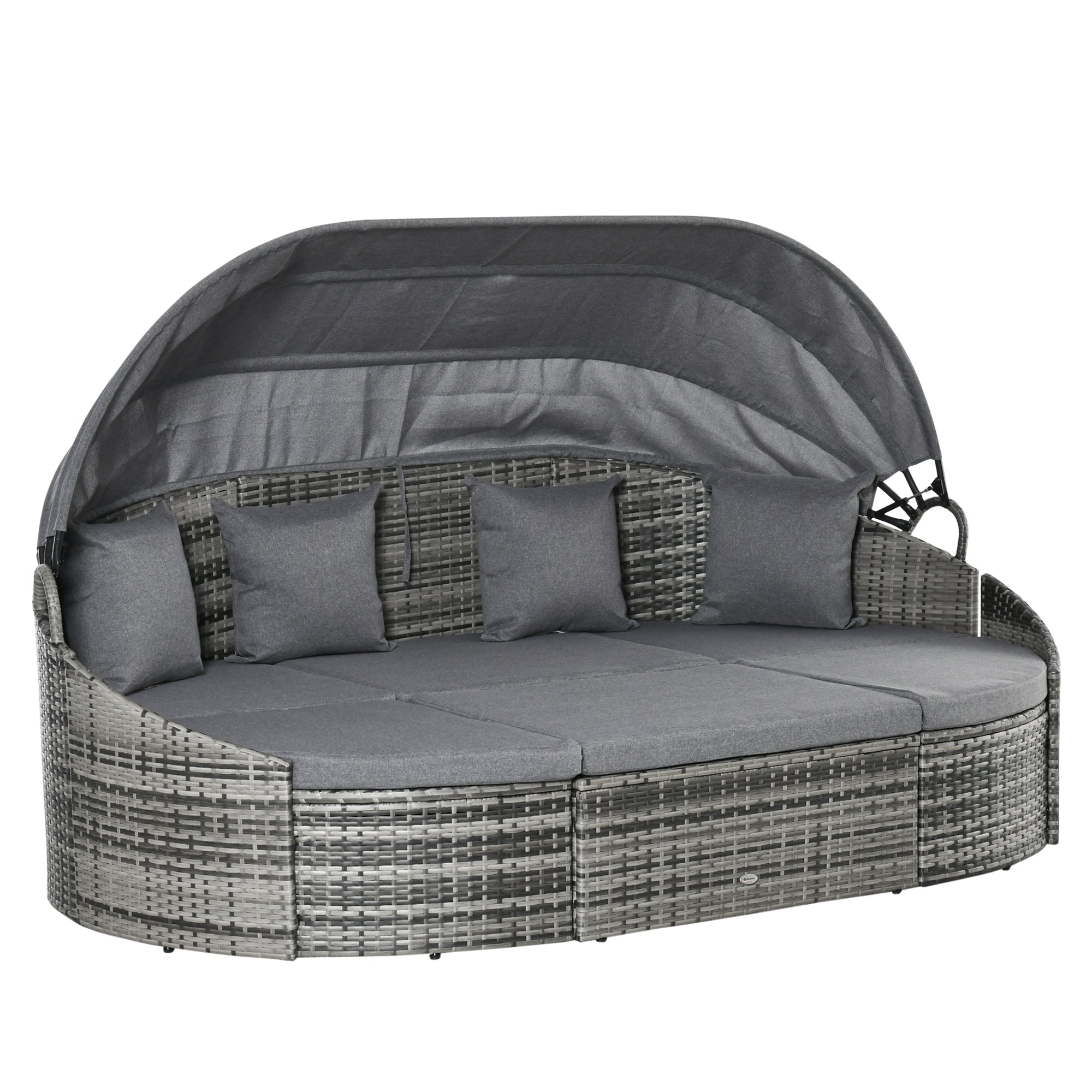 4 Pieces Patio PE Wicker Round Daybed, Outdoor Rattan Garden Lounge Furniture Sets, Grey Daybeds   at Gallery Canada