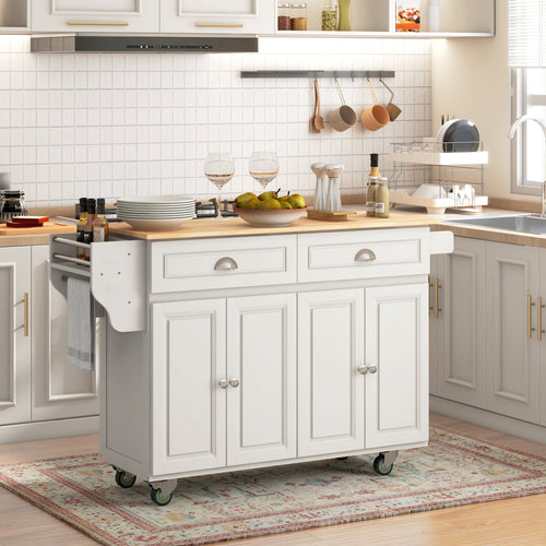 Kitchen Island with Storage, Rolling Kitchen Island with Drop Leaf, Rubber Wood Top and Adjustable Shelves, Cream White