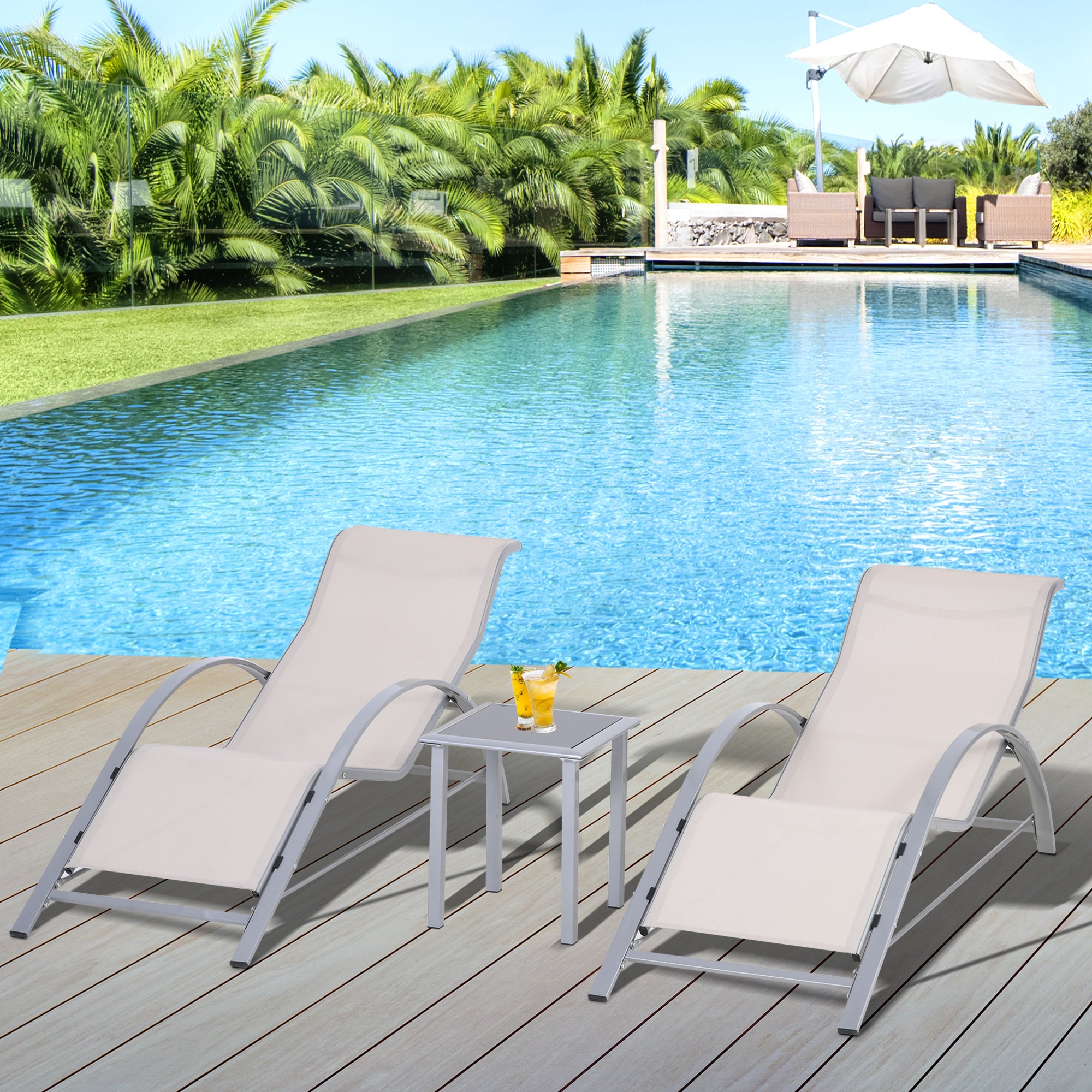 3 Pieces Patio Pool Lounge Chairs Set, Outdoor Chaise lounge with 2 S-Shaped Sunbathing Chairs and a Glass Top Table, for Yard Garden, Cream White Lounger Chairs Multi Colour  at Gallery Canada