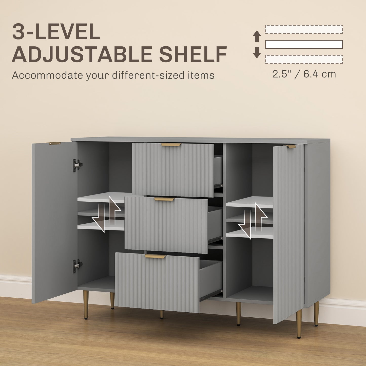 Modern Kitchen Storage Cabinet, Sideboard Buffet Cabinet w/ 3 Drawers and Adjustable Shelves for Kitchen Hallway, Grey Bar Cabinets   at Gallery Canada