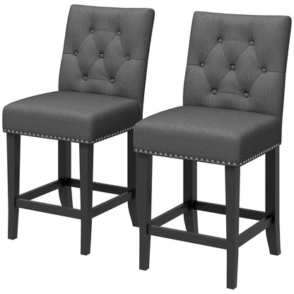 Fabric Bar Stool Set of 2, Tall 25.6" Seat Height Bar Chairs with Tufted Back &; Wood Legs, Dark Grey Bar Stools   at Gallery Canada