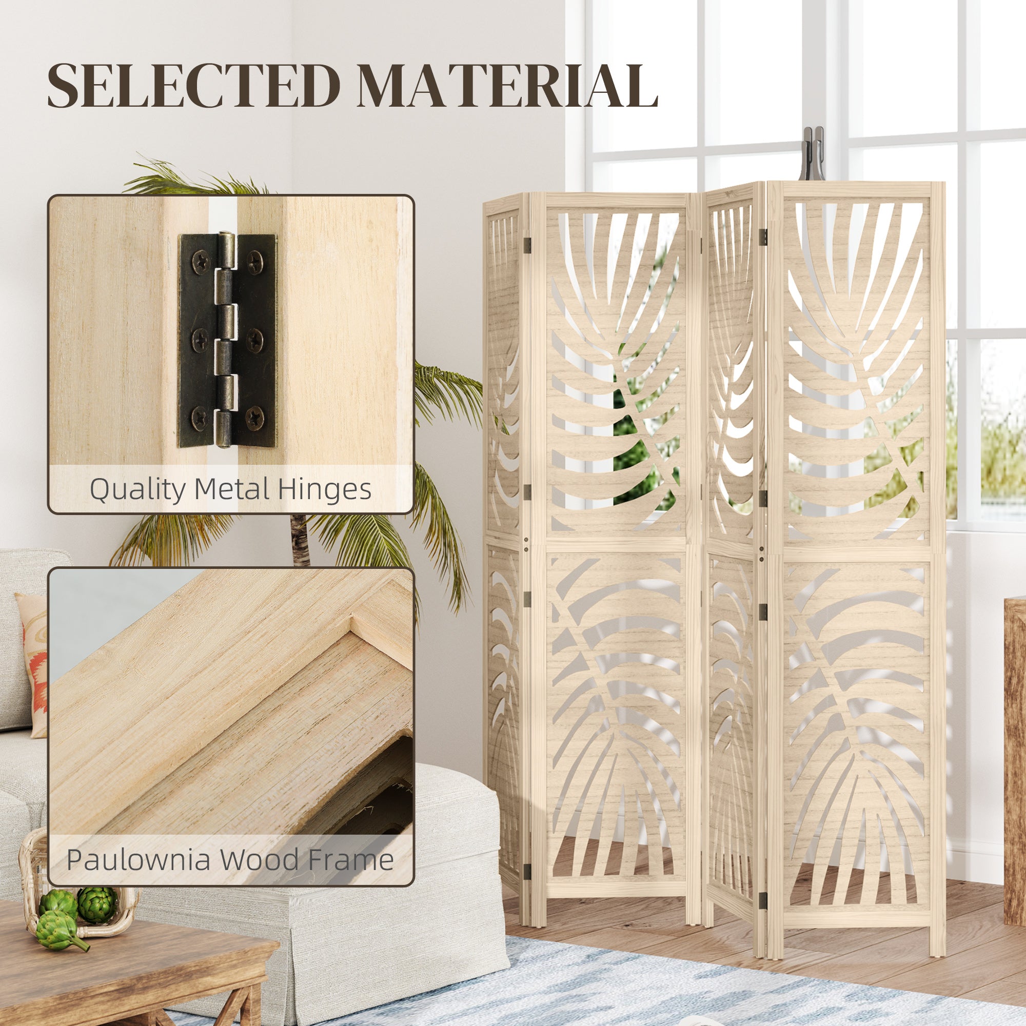 4 Panel Room Divider, Detachable Folding Privacy Screens with Palm Leaf Design for Home Office, Natural Wood Finish Room Dividers at Gallery Canada