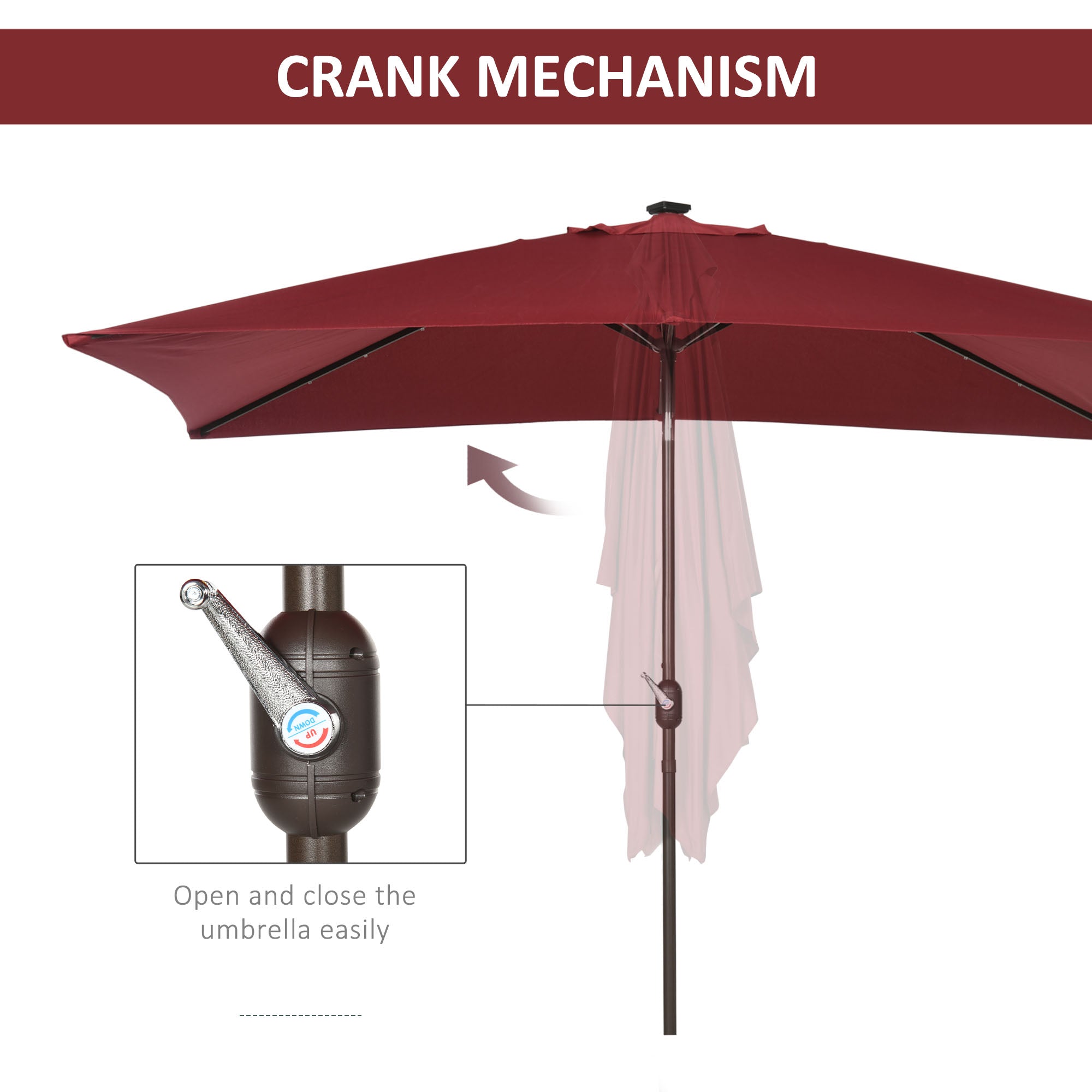 6.5x10ft Patio Umbrella Rectangle Solar Powered Tilt Aluminum Outdoor Market Parasol with LEDs Crank (Wine Red) Sun Umbrellas at Gallery Canada