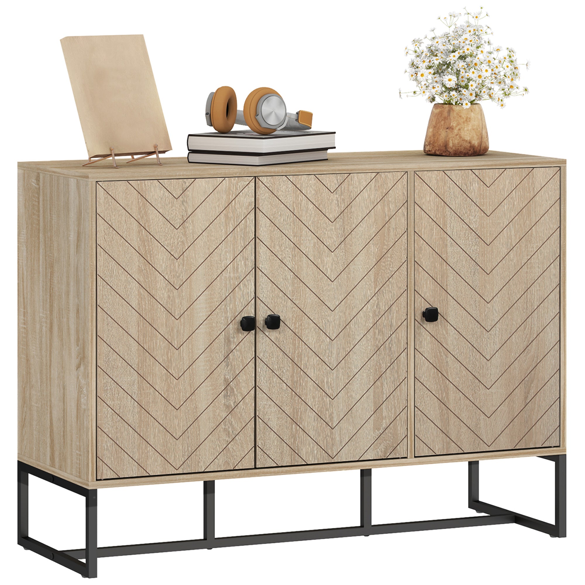 Modern Sideboard, Buffet Cabinet with Adjustable Shelves, 3 Chevron Doors for Living Room, Hallway, Oak Wood Grain Storage Cabinets at Gallery Canada