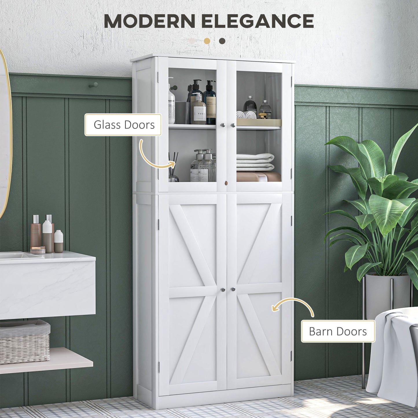 Tall Bathroom Storage Cabinet, Modern Bathroom Cabinet with Glass and Barn Doors, 5-Tier Floor Cabinet, White Bathroom Cabinets   at Gallery Canada