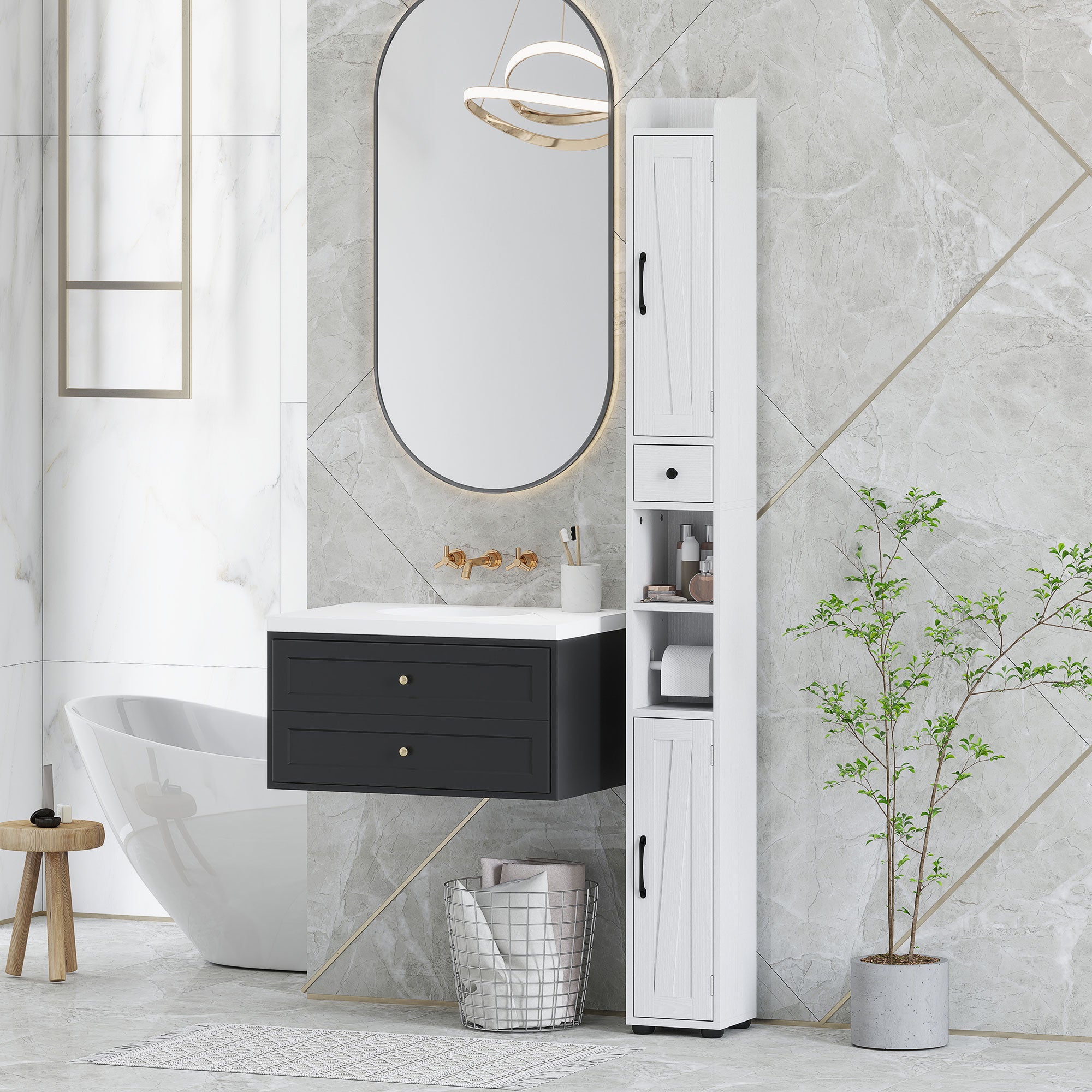 Narrow Bathroom Cabinet, Tall Bathroom Storage Cabinet with Barn Doors, Drawer and Adjustable Shelves, White Wood Grain Bathroom Cabinets at Gallery Canada