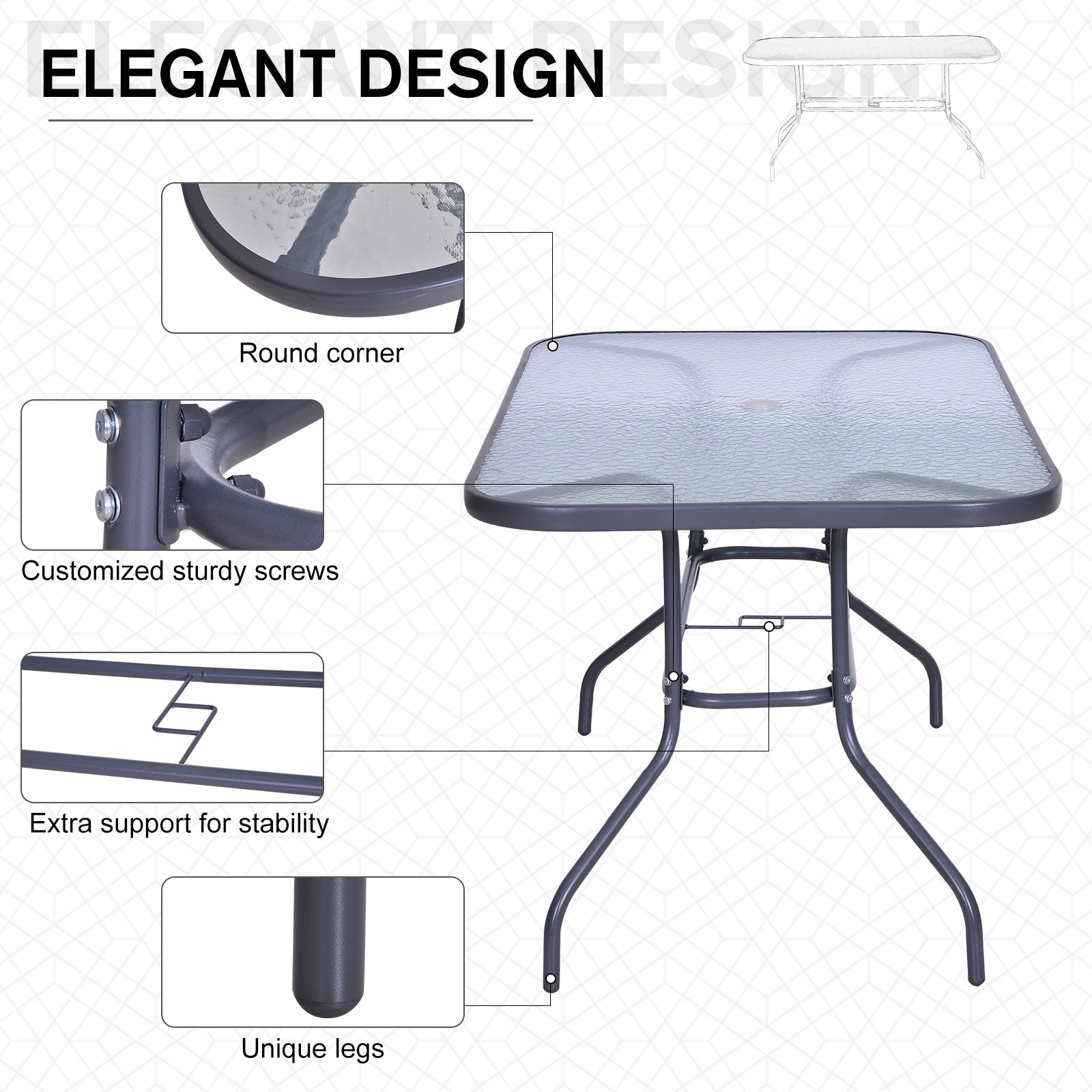 Metal Garden Dining Tables Outdoor Patio w/ Tempered Glass Top, Umbrella Hole, 55