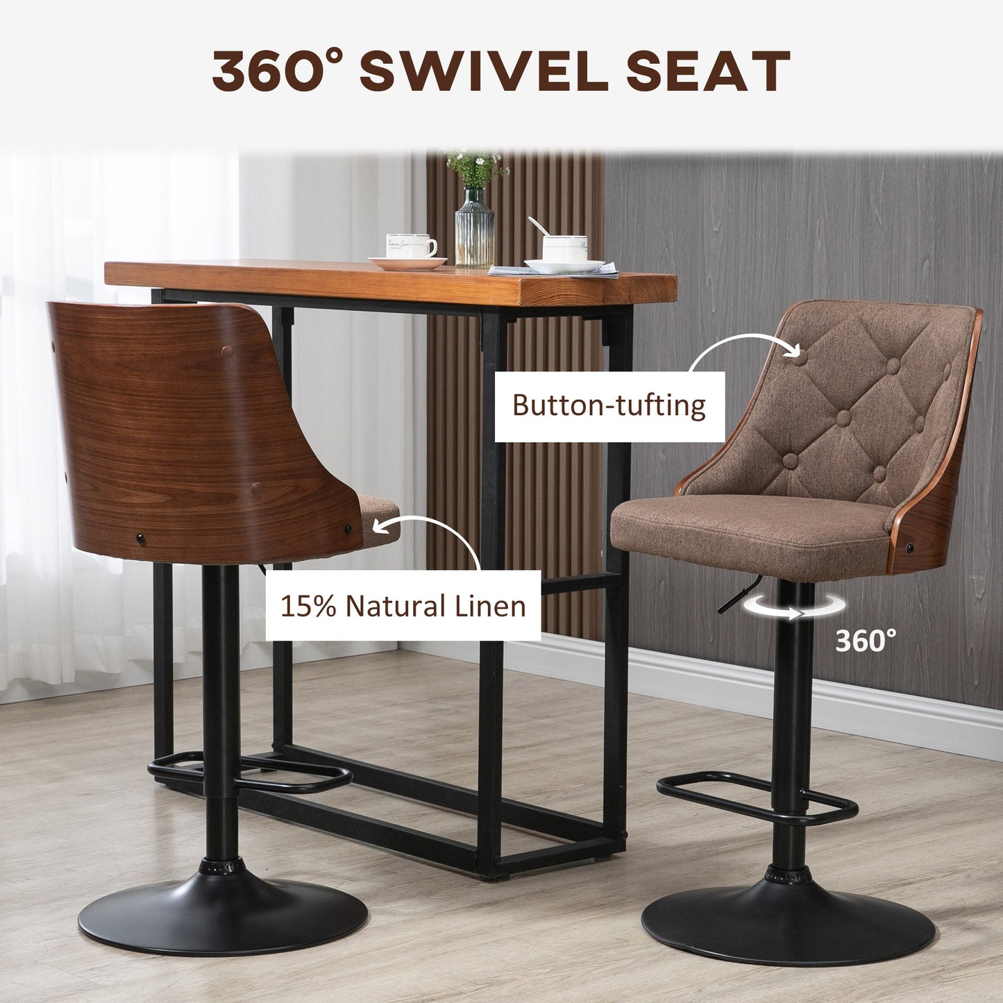 Counter Height Bar Stools Set of 2, Height Adjustable Swivel Barstools with Footrest and Solid Wood Back, Linen Fabric Bar Chairs, Brown Bar Stools   at Gallery Canada