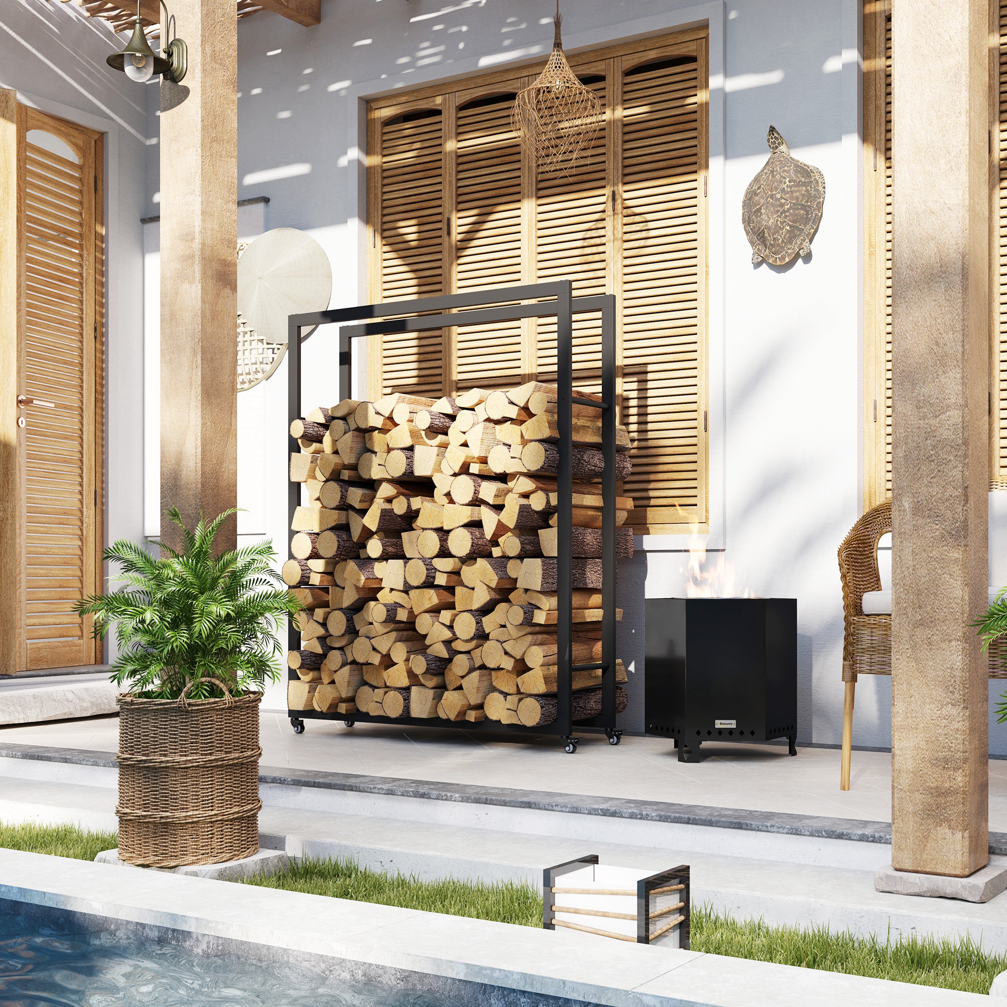 Outdoor Firewood Rack with Wheels Heavy Duty Steel Wood Log Storage Stacker for Fireplace, Black Firewood Racks at Gallery Canada